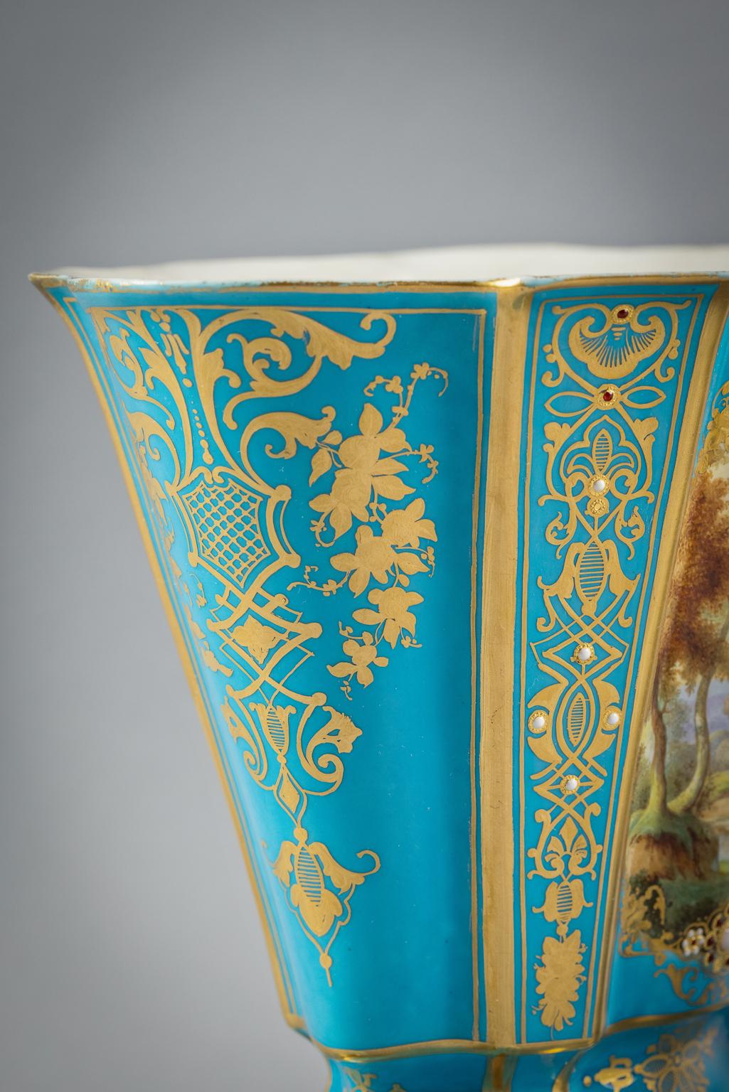 Mid-19th Century Pair of French Porcelain Turquoise Ground Vase on Stands, circa 1860 For Sale