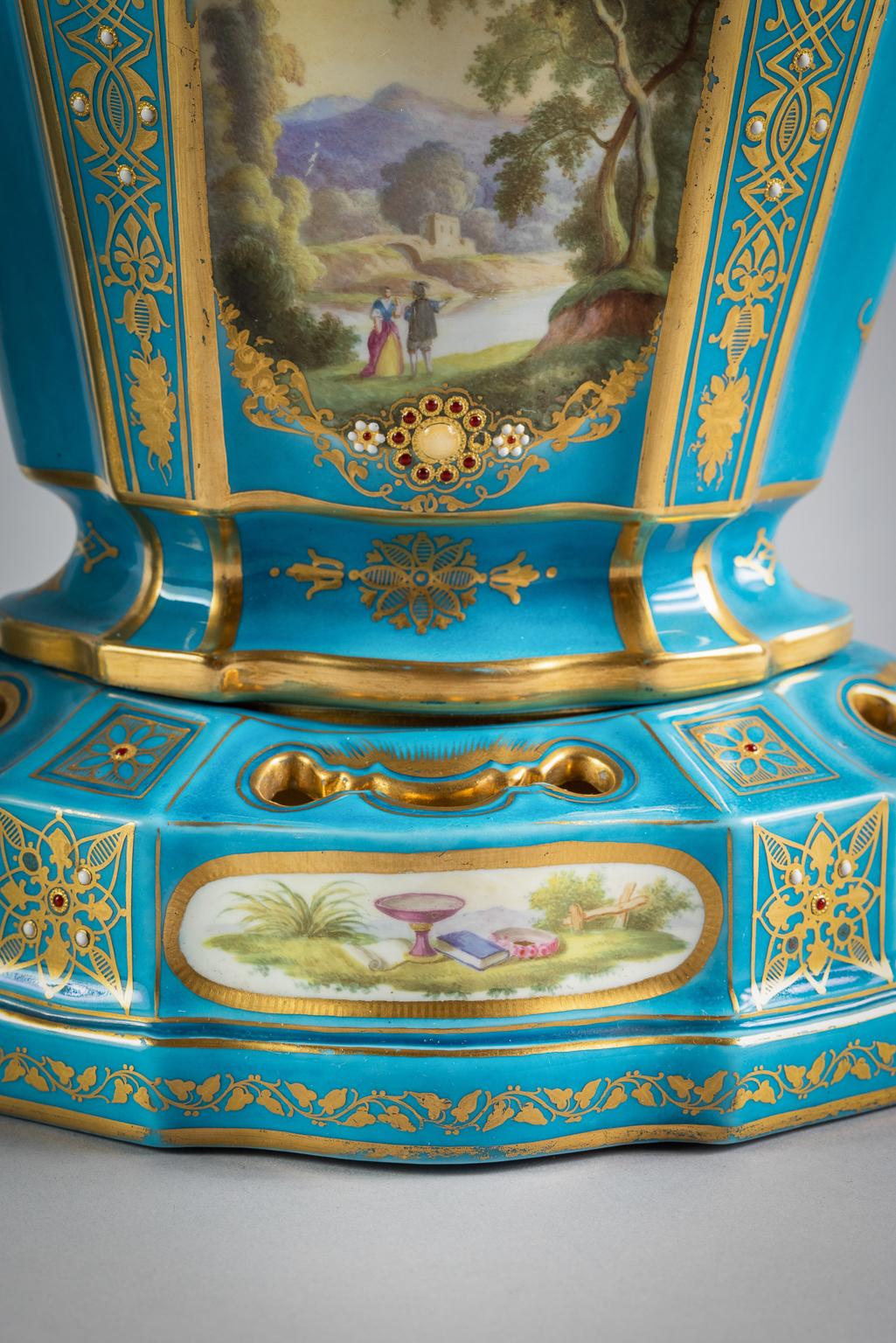 Pair of French Porcelain Turquoise Ground Vase on Stands, circa 1860 For Sale 2