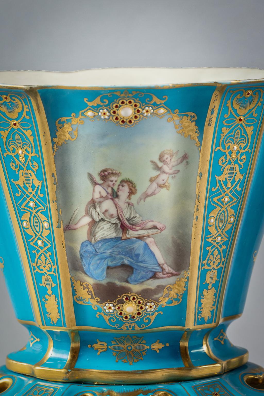 Pair of French Porcelain Turquoise Ground Vase on Stands, circa 1860 For Sale 5