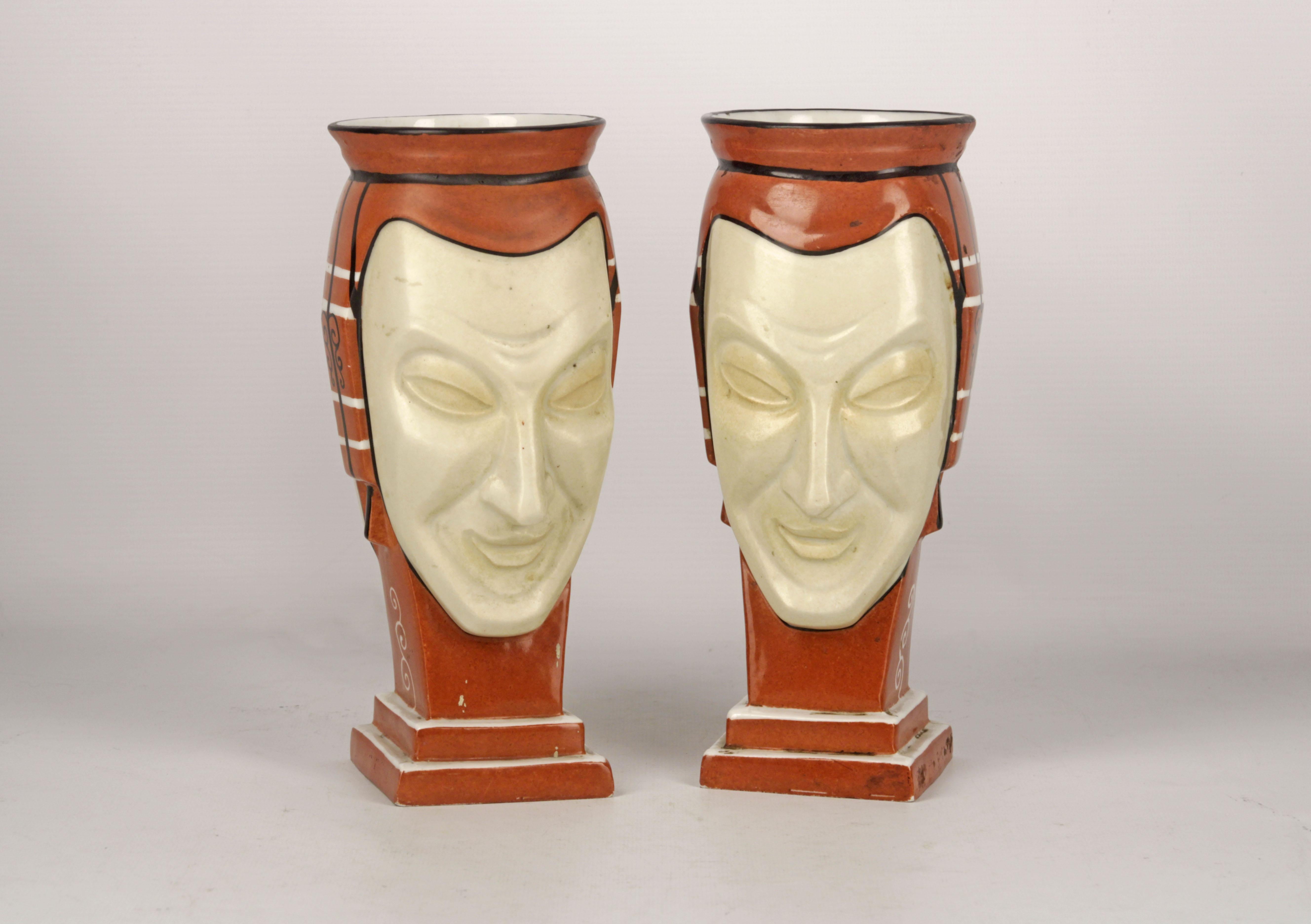 Art Deco Pair of French Vases Made of Porcelain Representing Two Faces Signed by Aladin For Sale