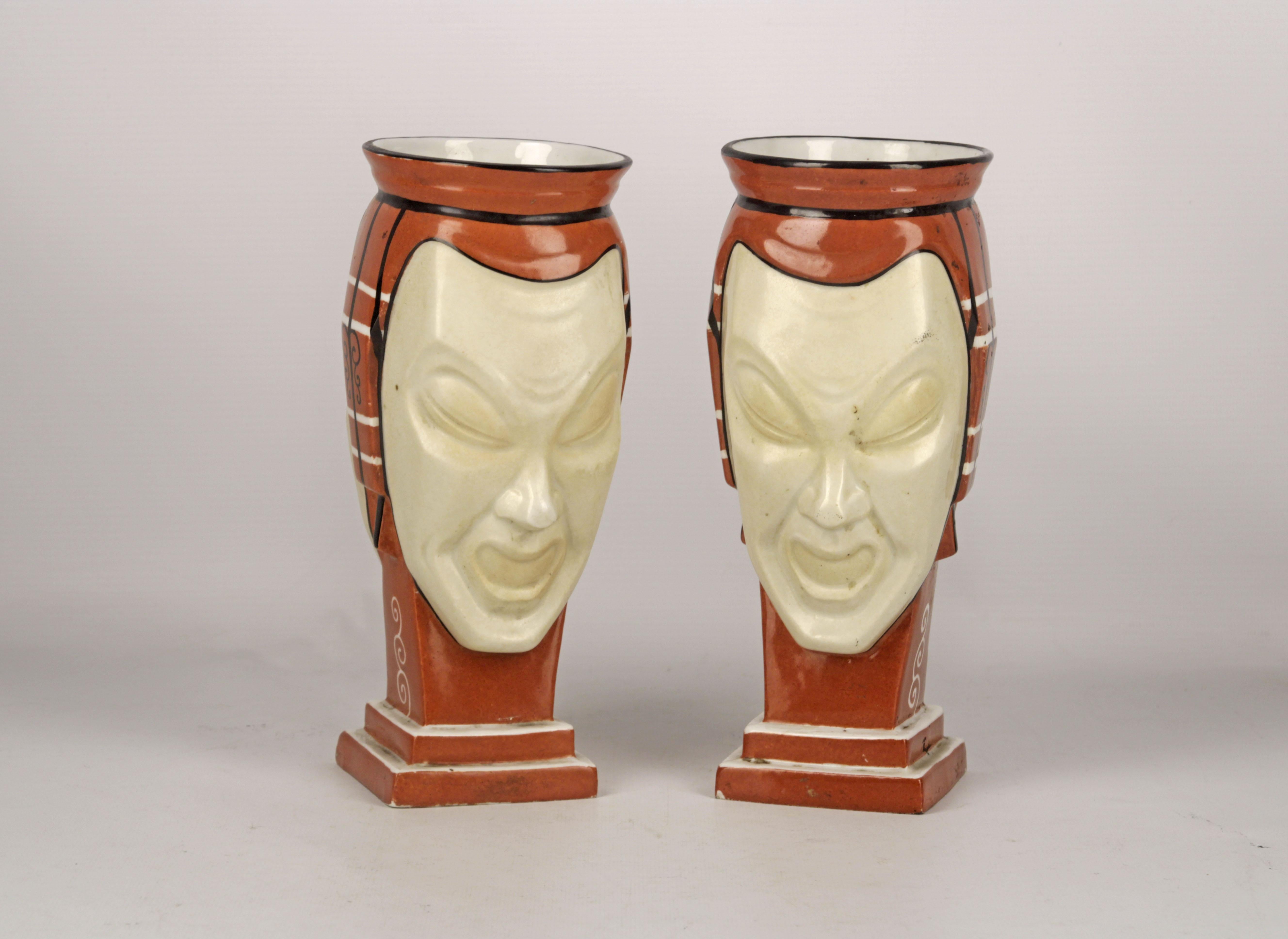 Molded Pair of French Vases Made of Porcelain Representing Two Faces Signed by Aladin For Sale