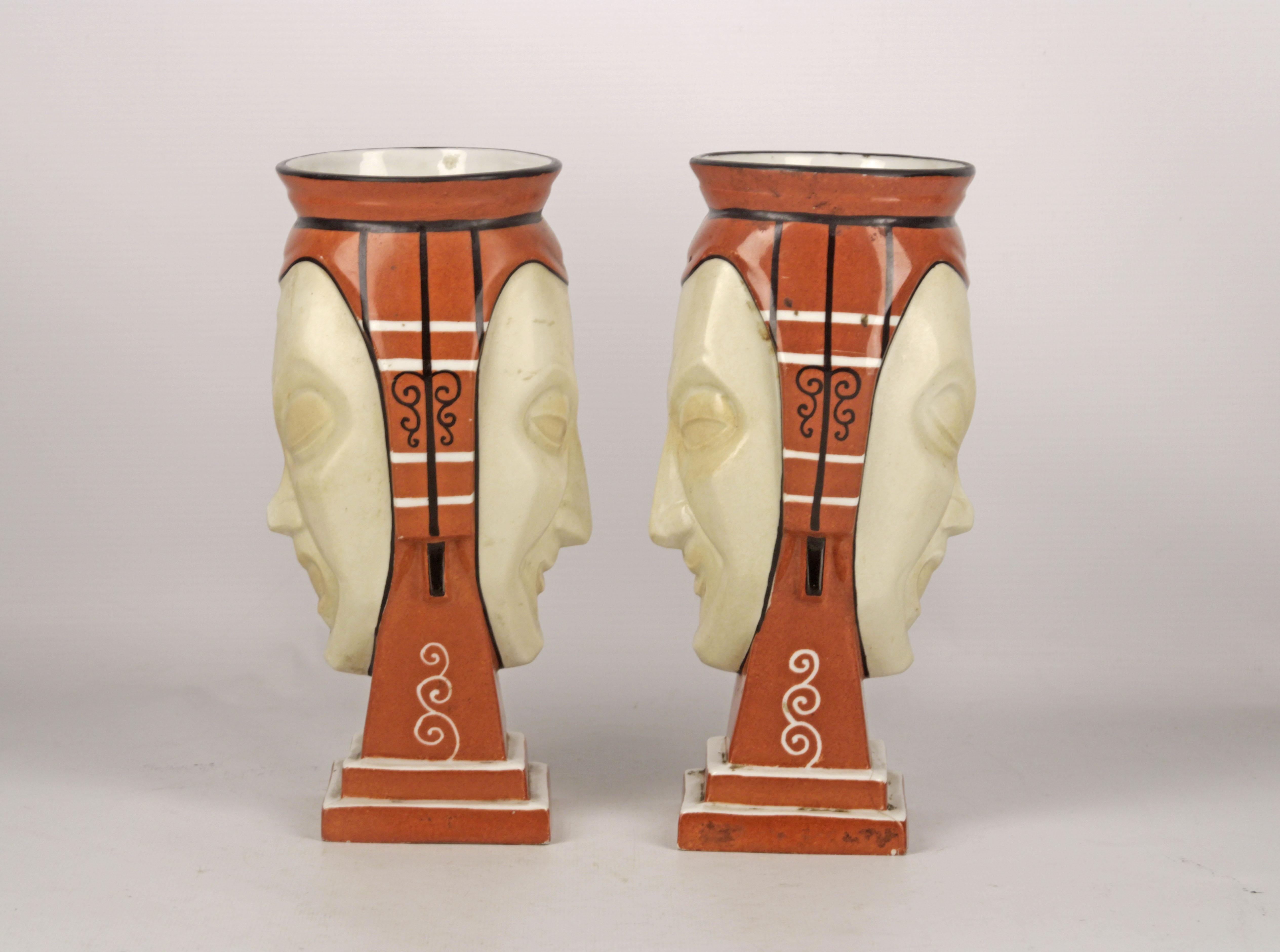 Pair of French Vases Made of Porcelain Representing Two Faces Signed by Aladin In Good Condition For Sale In North Miami, FL