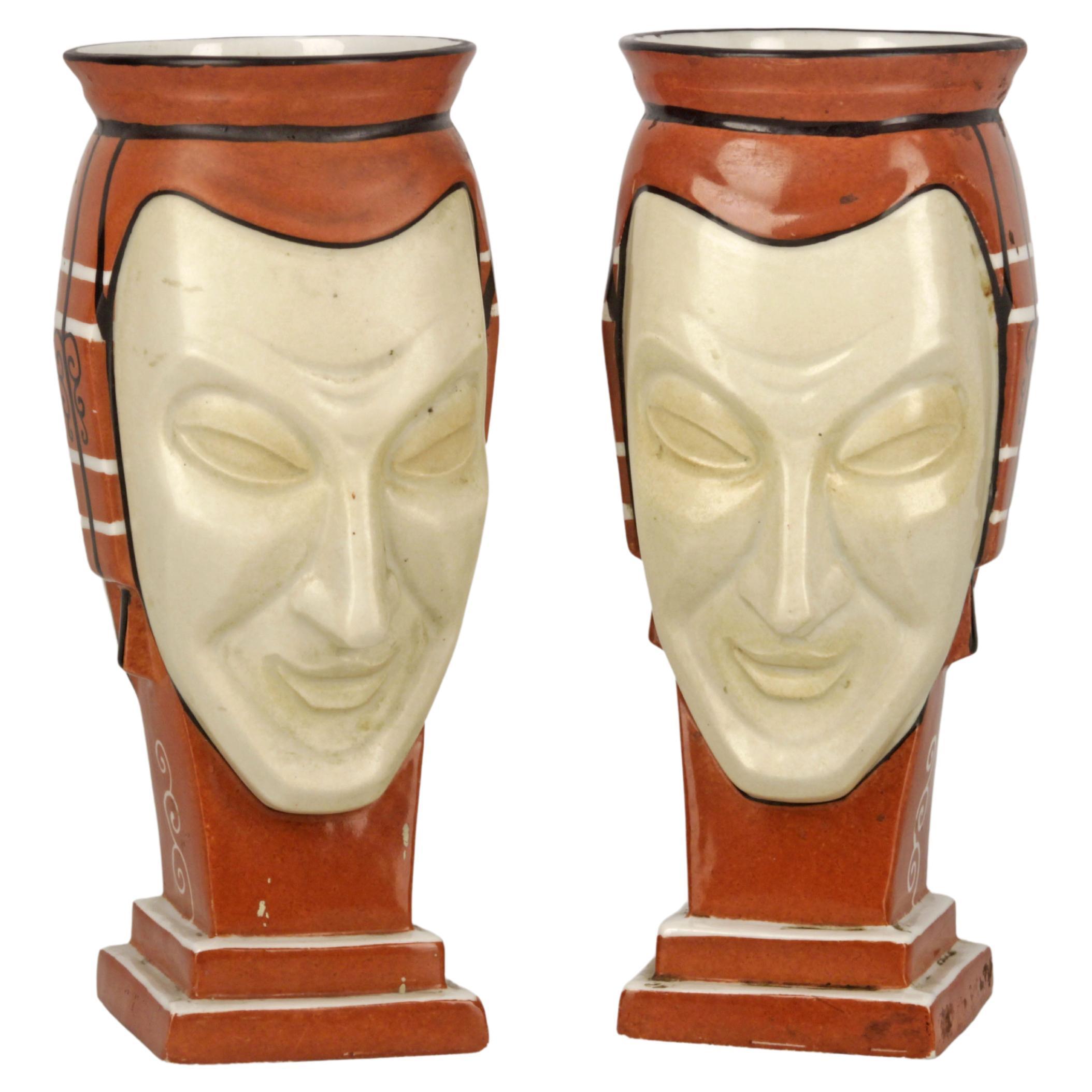 Pair of French Vases Made of Porcelain Representing Two Faces Signed by Aladin For Sale