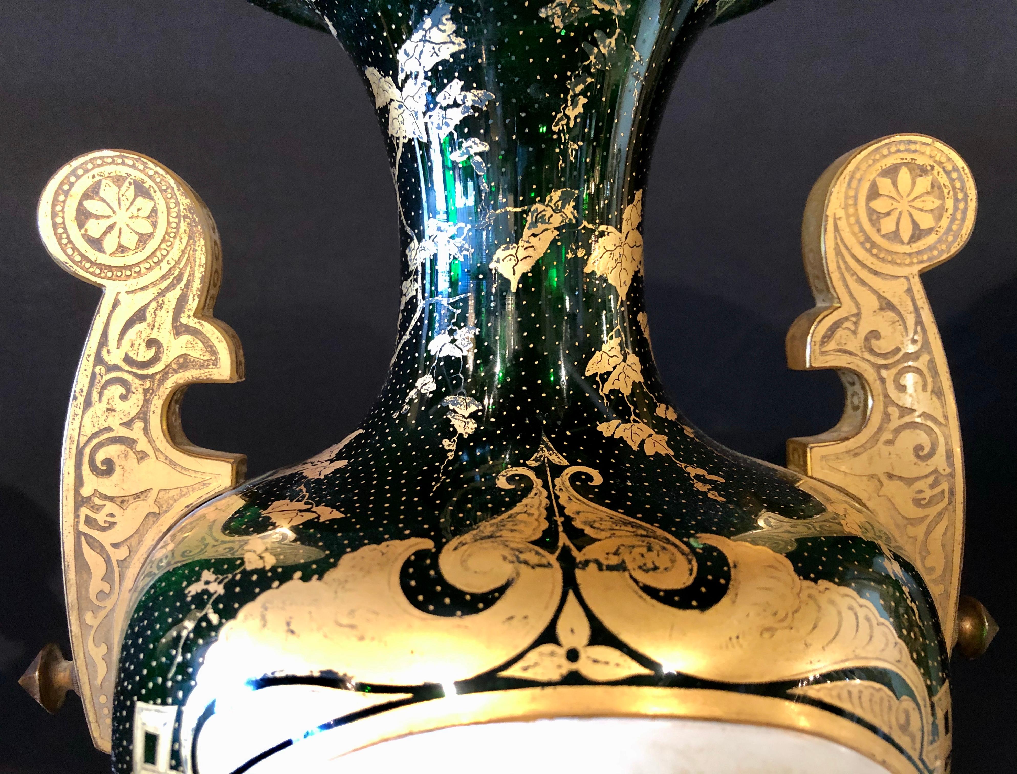 Pair of French Portrait Decorated Green Glass Vases, circa 1920s 4