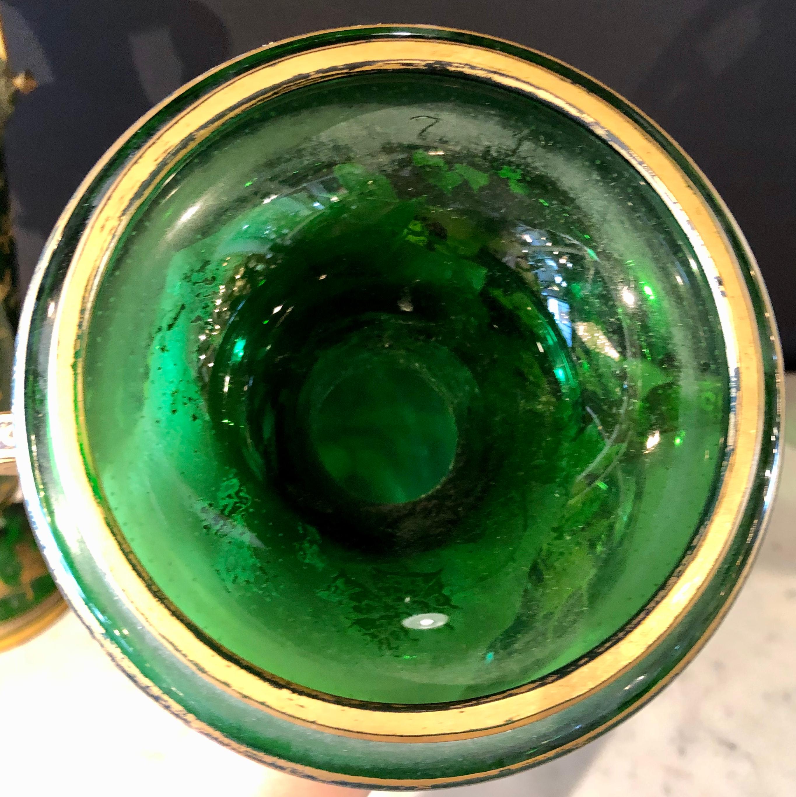 Pair of French Portrait Decorated Green Glass Vases, circa 1920s 6