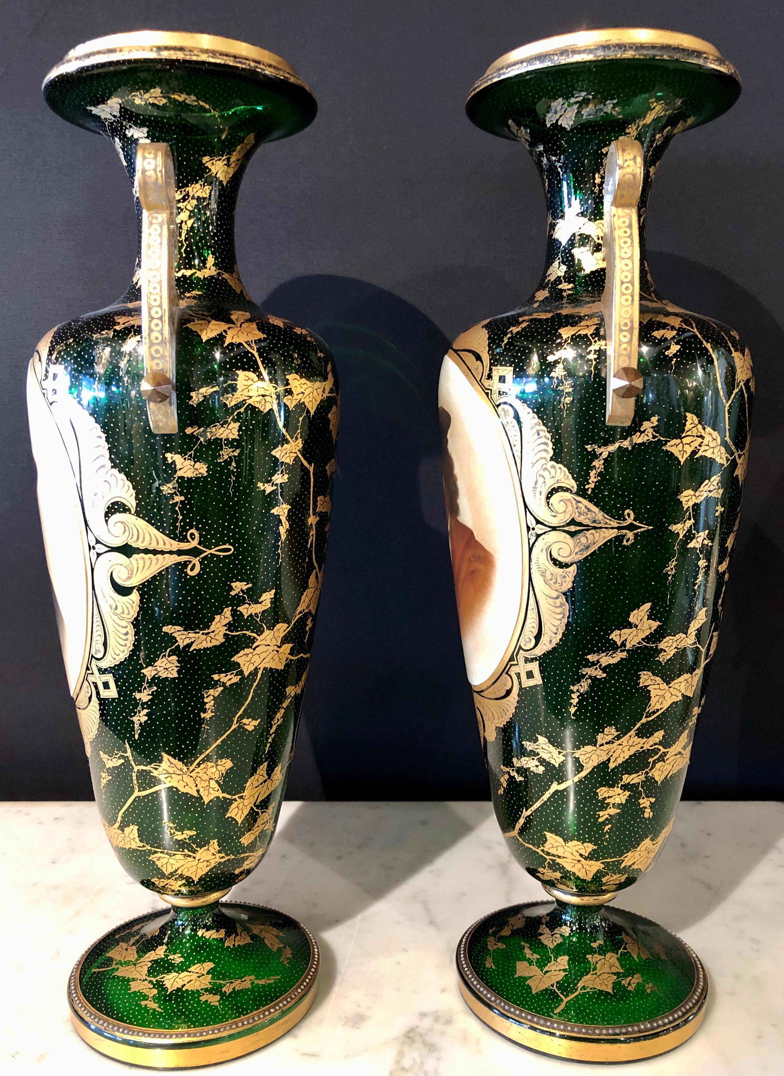 Pair of French Portrait Decorated Green Glass Vases, circa 1920s 3