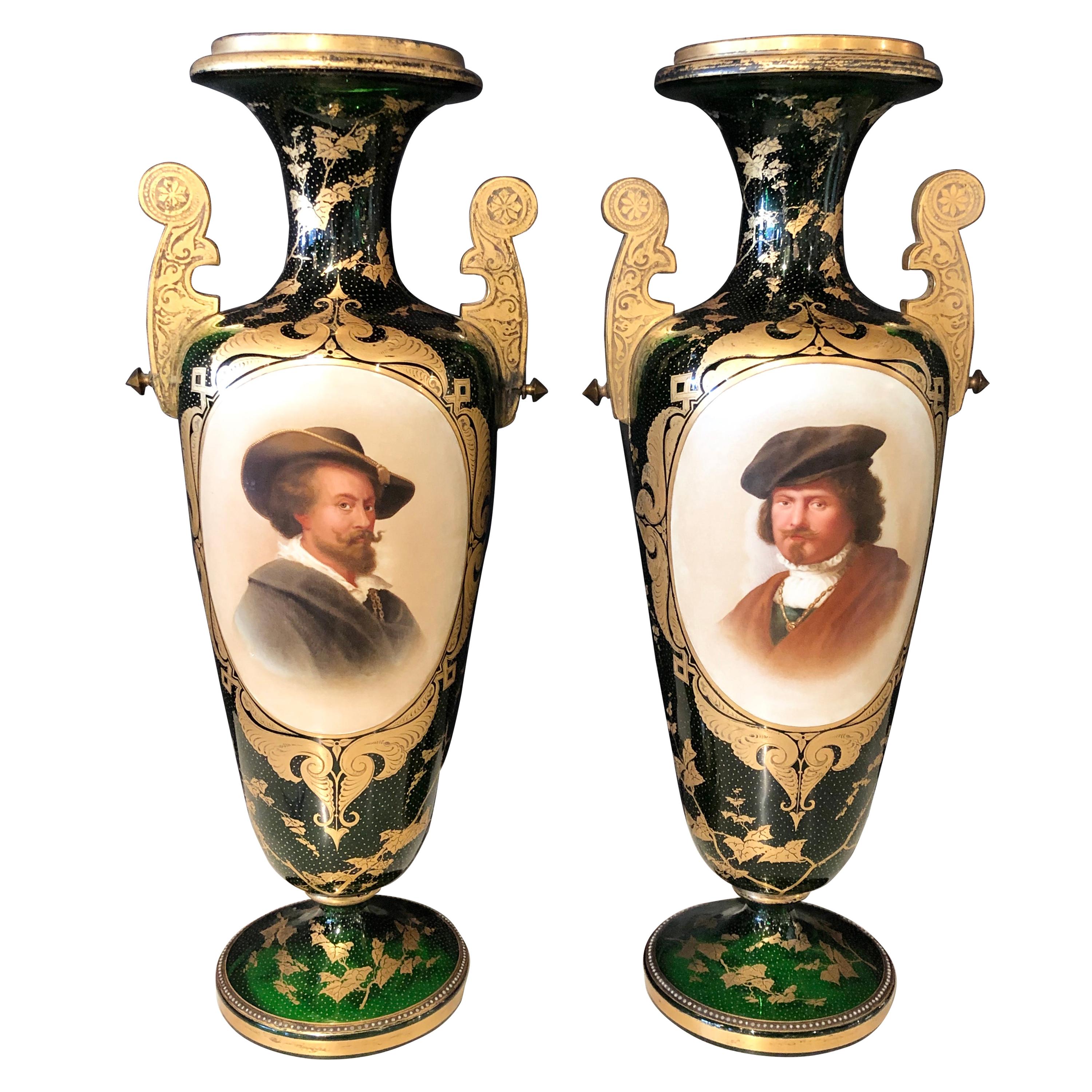 Pair of French Portrait Decorated Green Glass Vases, circa 1920s