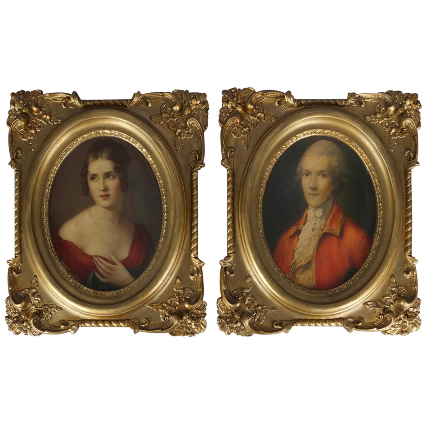Pair of French Portrait Plaques with Lithographs of Baron & Baroness