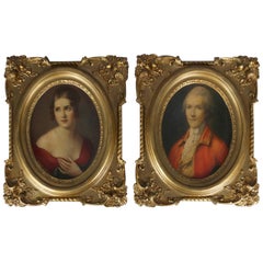 Vintage Pair of French Portrait Plaques with Lithographs of Baron & Baroness