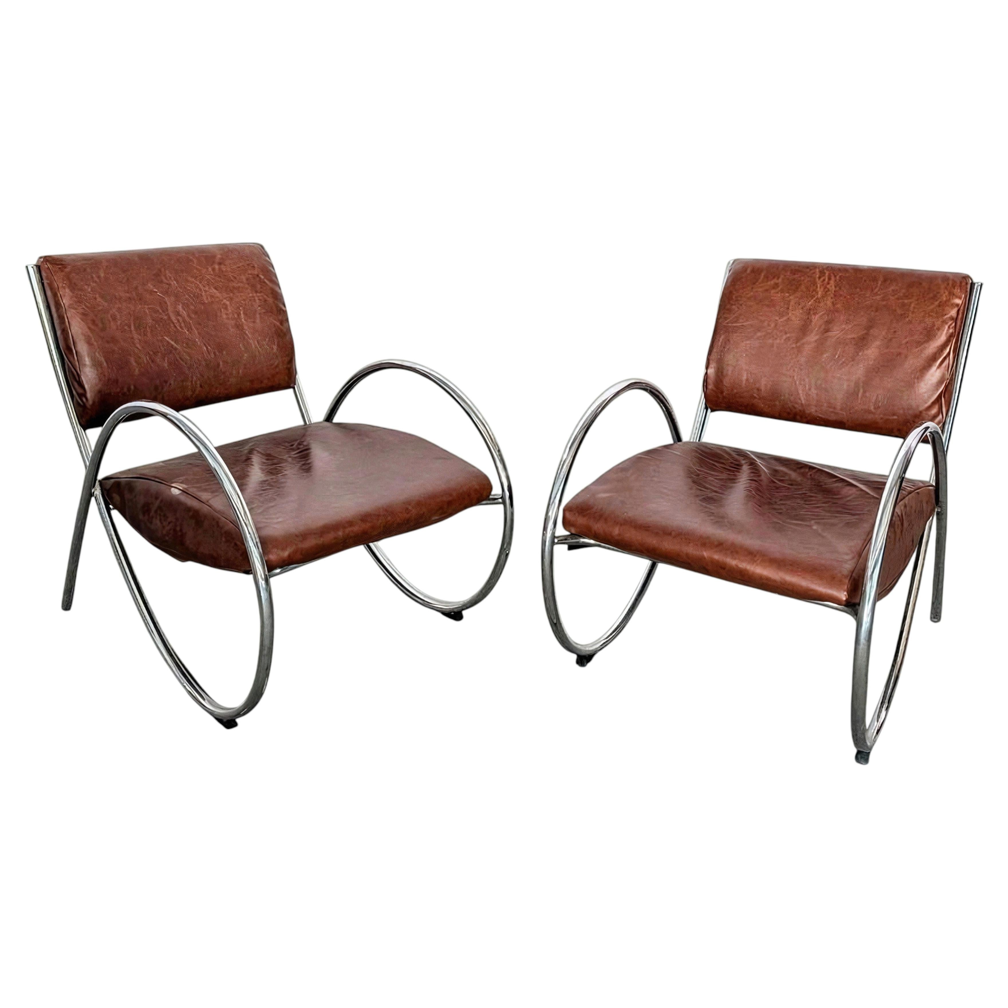 Paire de fauteuils de salon postmodernes français, chrome et cuir cognac, années 1980