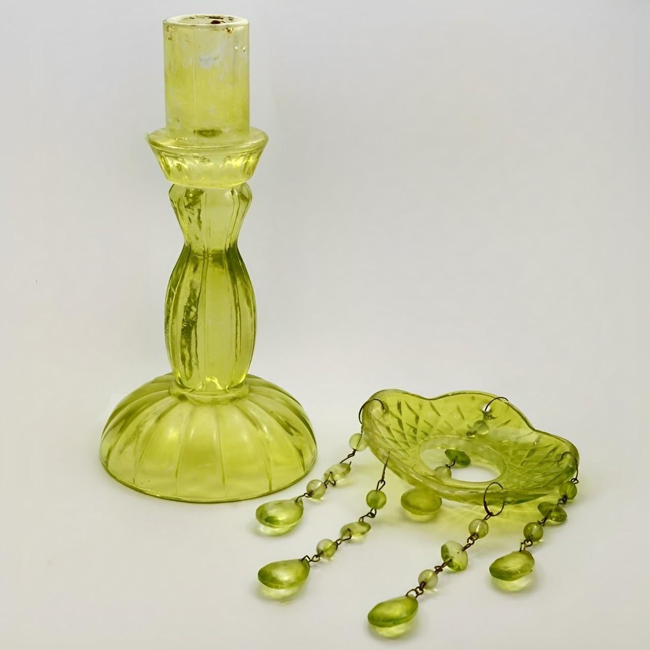 Pair of French Pressed Chartreuse Glass Candlesticks with Drops circa 1930s In Good Condition In London, GB