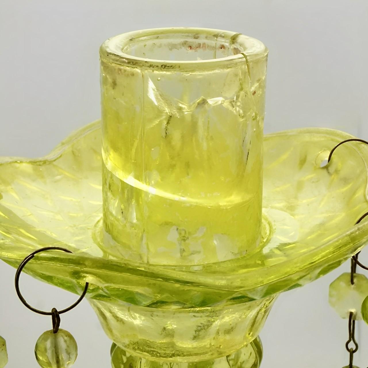 Mid-20th Century Pair of French Pressed Chartreuse Glass Candlesticks with Drops circa 1930s