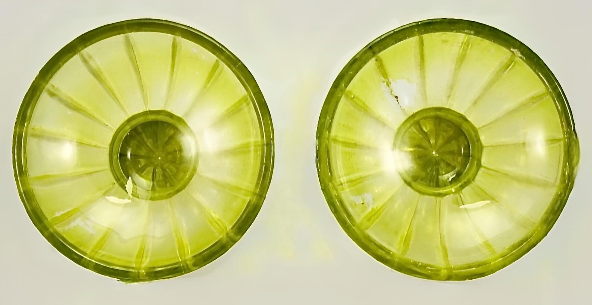 Pair of French Pressed Chartreuse Glass Candlesticks with Drops circa 1930s 2