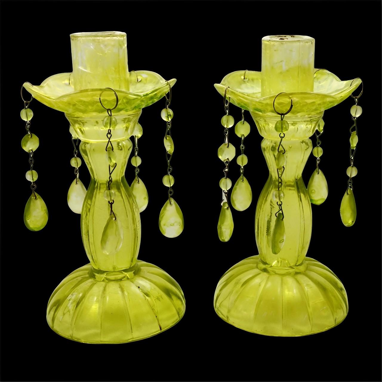 Pair of French Pressed Chartreuse Glass Candlesticks with Drops circa 1930s 3