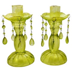 Pair of French Pressed Chartreuse Glass Candlesticks with Drops circa 1930s