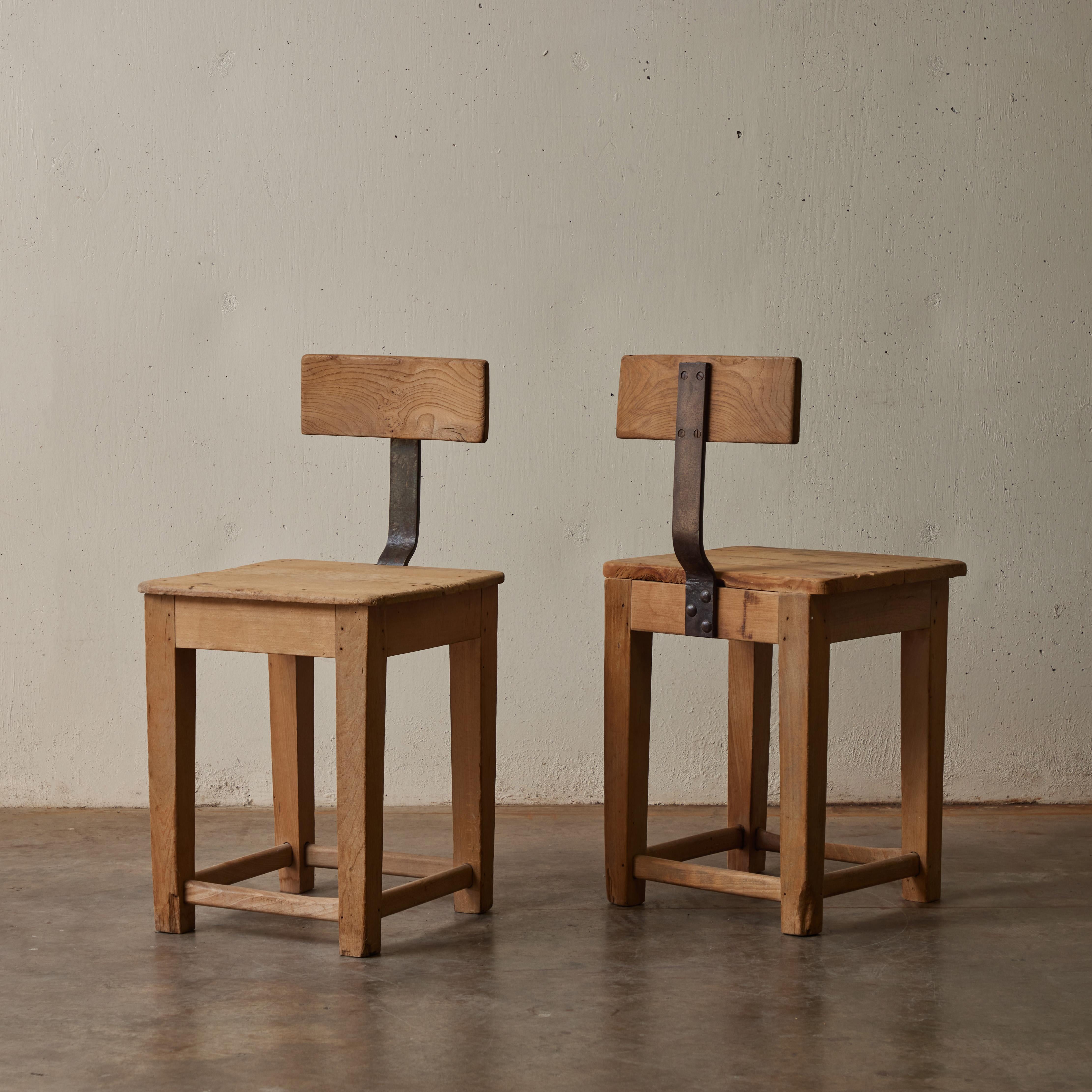 Early 20th Century Pair of French Primitive Wood and Metal Industrial Chairs