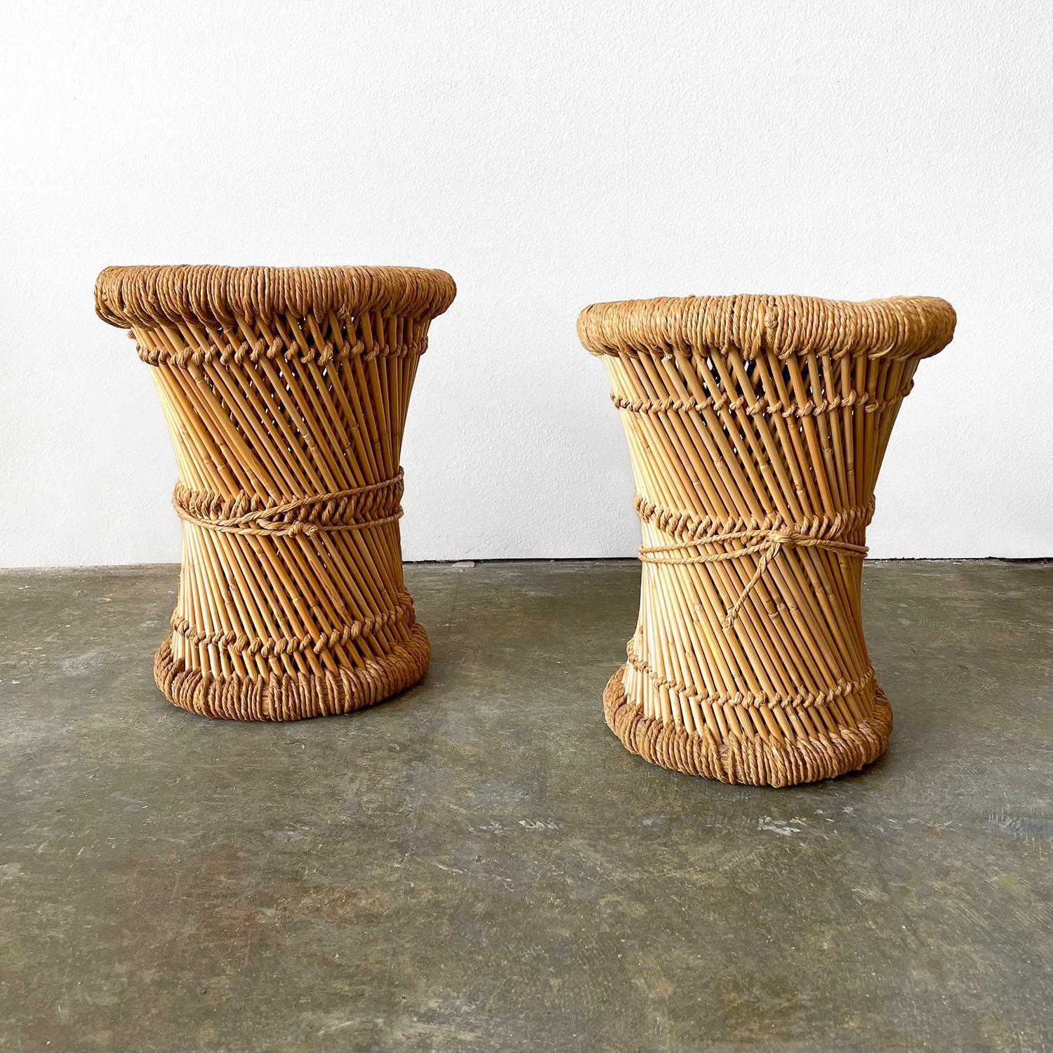 Pair of French primitive woven stools
France, circa 1970’s
Natural color variations between the two stools
Handcrafted with a mix of organic materials
Intricately woven reeds and jute, wonderful details throughout
Patina from age and use
Sold