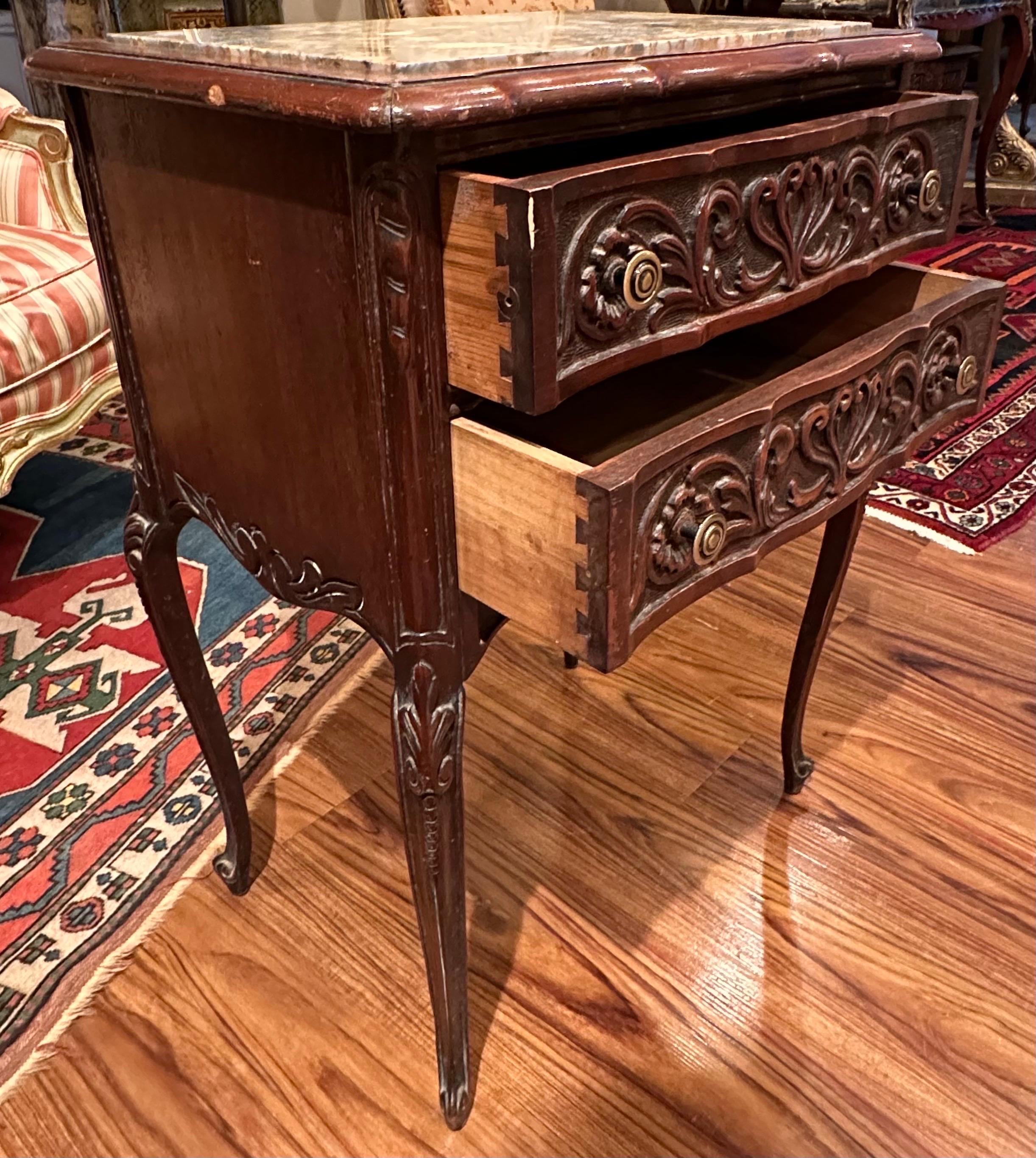 Pair of French Provincial Antique Marble Top Walnut Commodes. For Sale 4