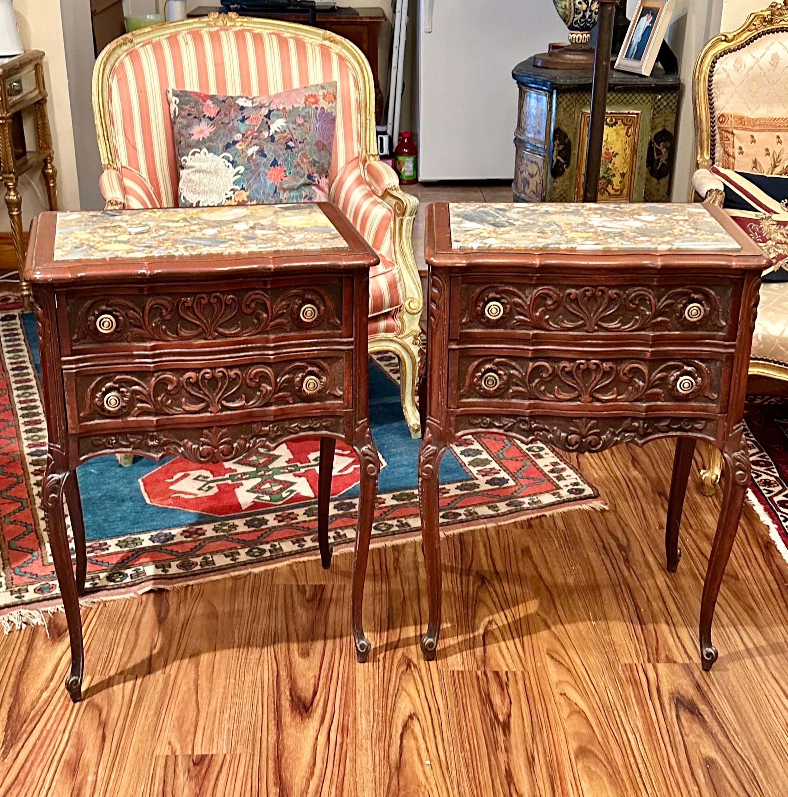 Louis XV Pair of French Provincial Antique Marble Top Walnut Commodes. For Sale