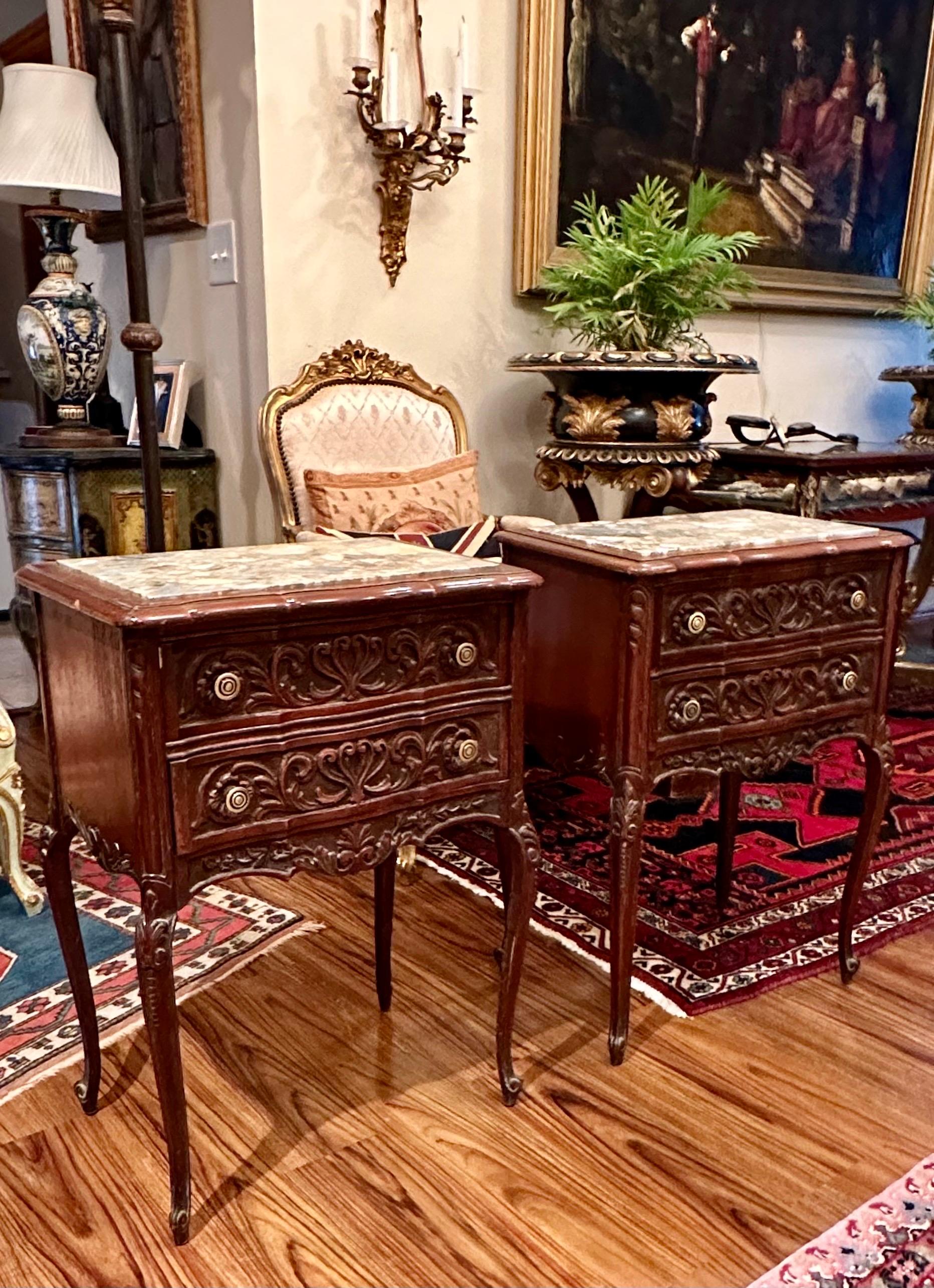 Pair of French Provincial Antique Marble Top Walnut Commodes. In Good Condition For Sale In Vero Beach, FL