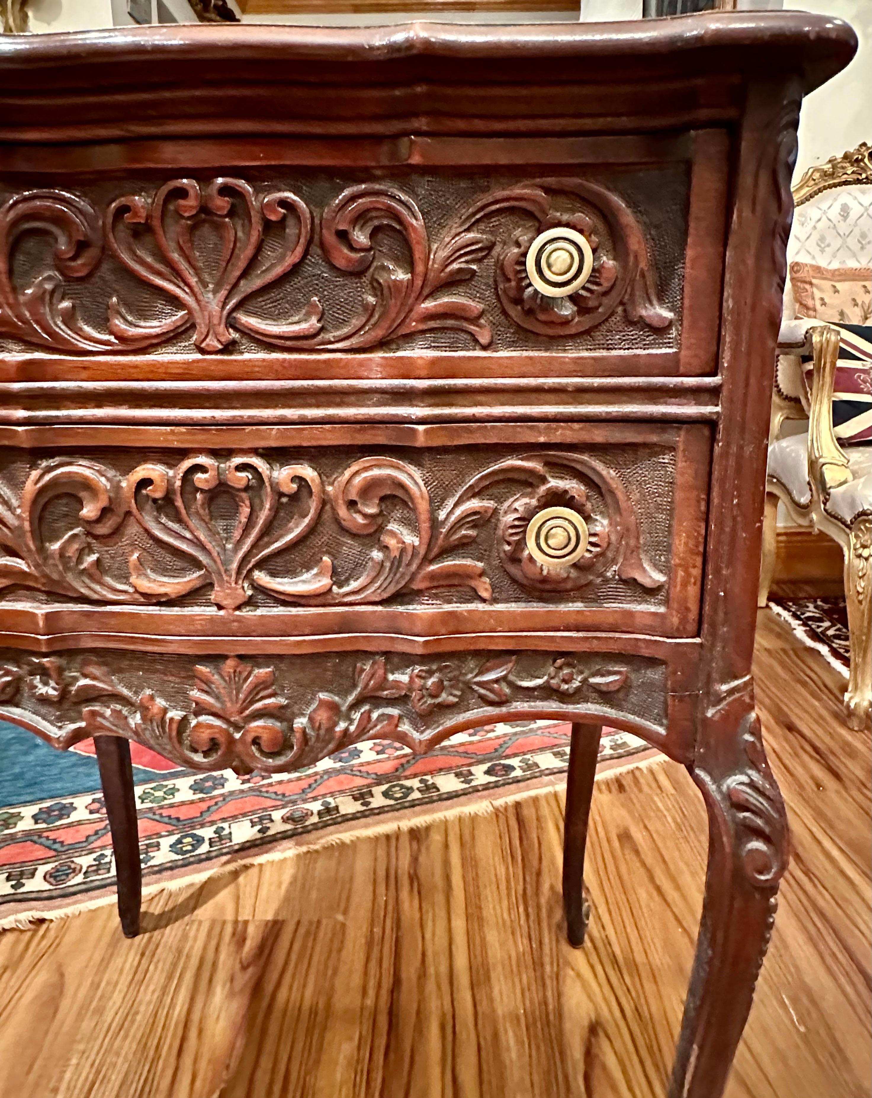 Brass Pair of French Provincial Antique Marble Top Walnut Commodes. For Sale