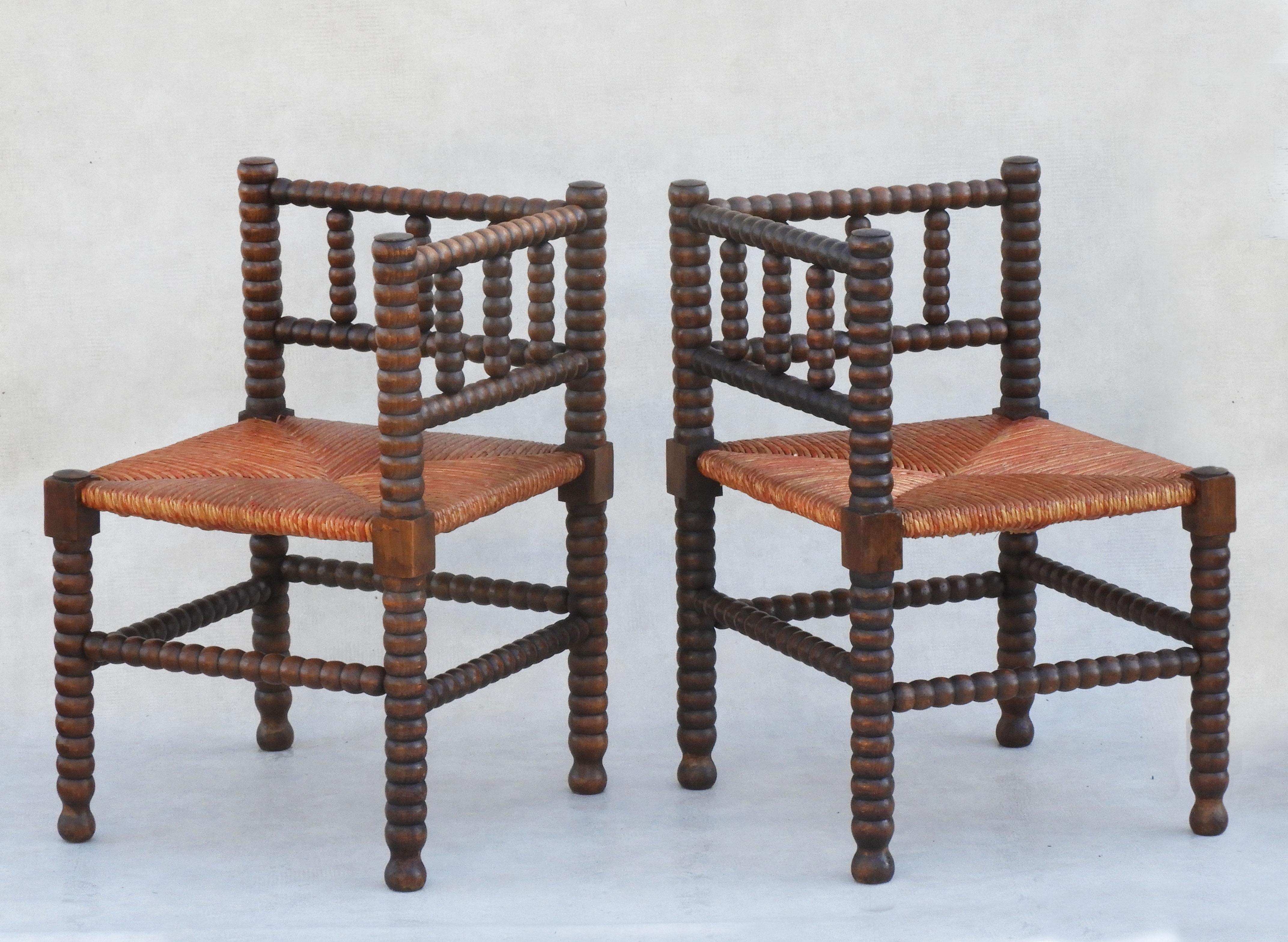 Turned Pair of French Provincial Bobbin Wood Rush Seat Corner Chairs, C1900