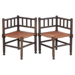 Used Pair of French Provincial Bobbin Wood Rush Seat Corner Chairs, C1900