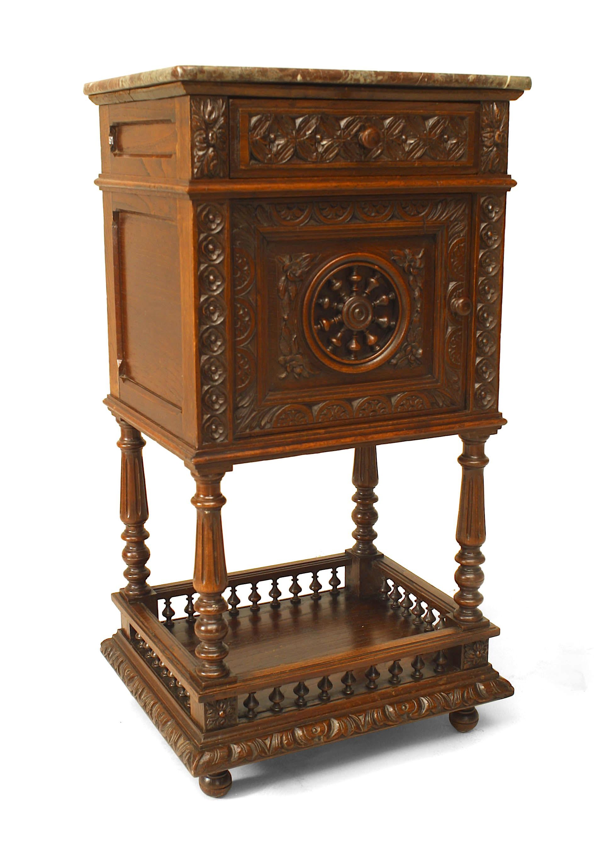 Pair of French Provincial Brittany style bedside commodes with spindle design and marble-top with shelf (18th-19th century).
   