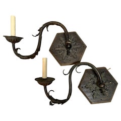 Antique Pair of French Provincial Bronze Wall Sconces with Leaf Ornaments