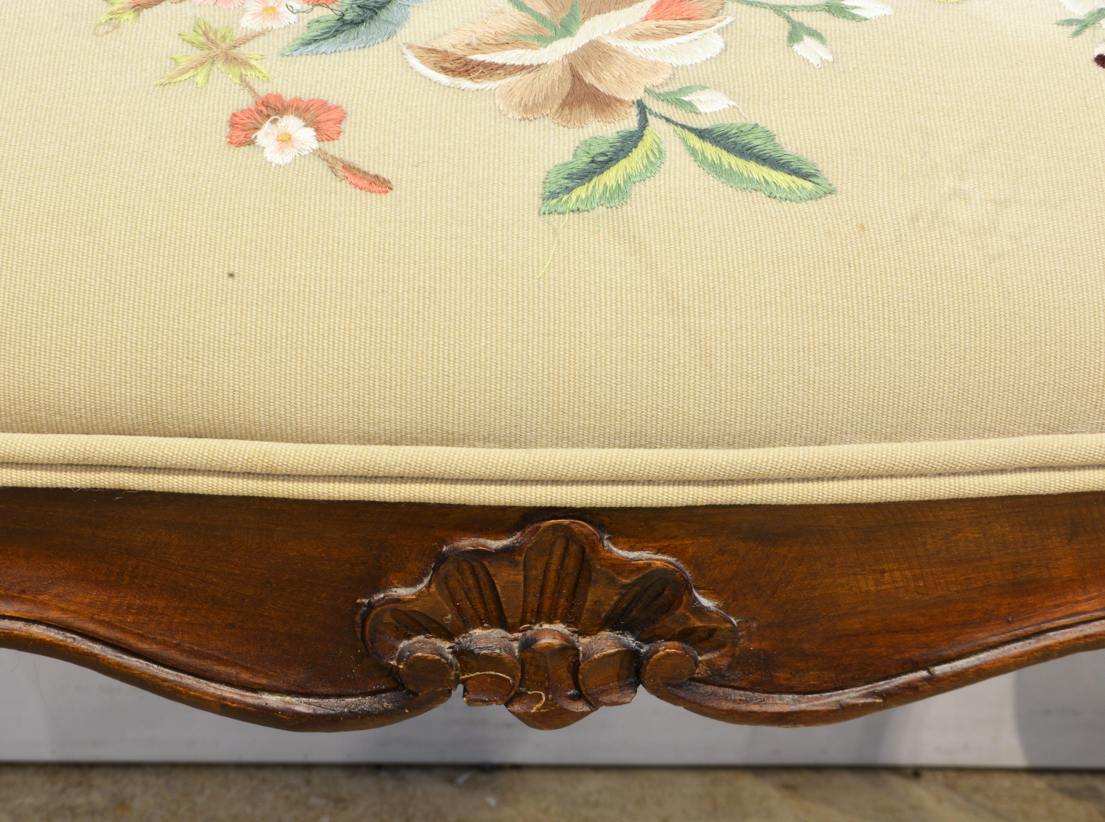 Pair of French Provincial Carved and Silk Embroidered Walnut Benches 5
