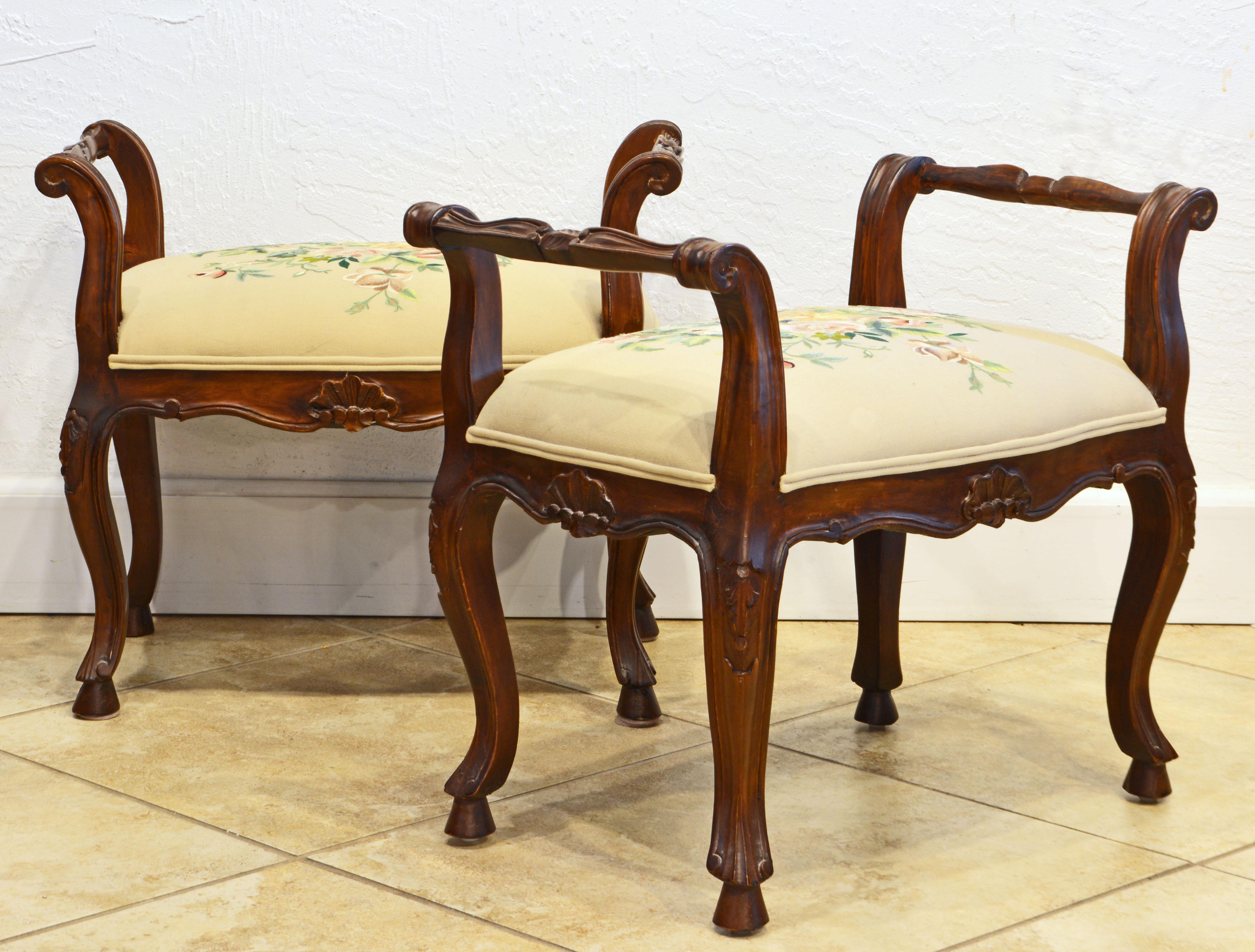 Pair of French Provincial Carved and Silk Embroidered Walnut Benches In Good Condition In Ft. Lauderdale, FL