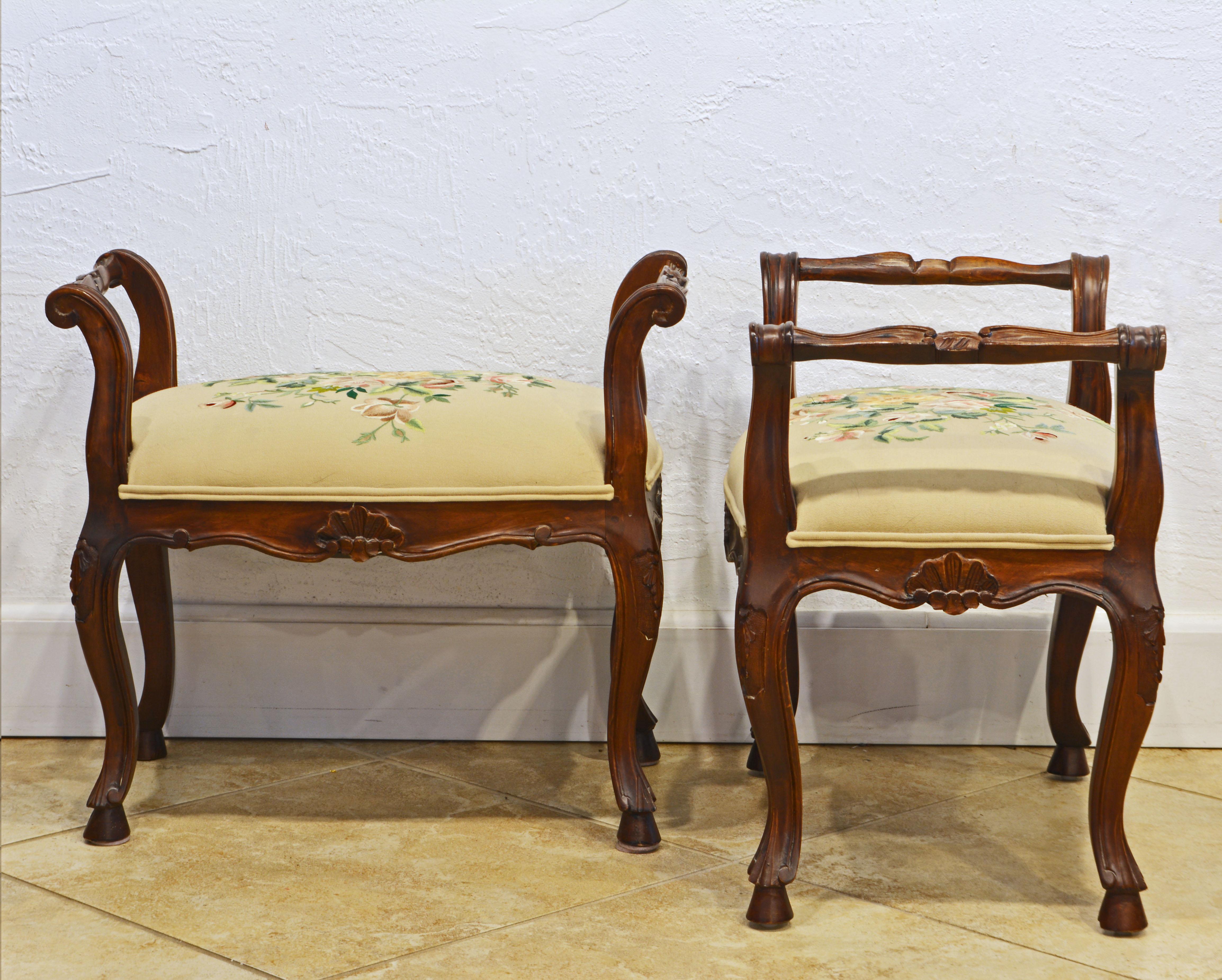 20th Century Pair of French Provincial Carved and Silk Embroidered Walnut Benches