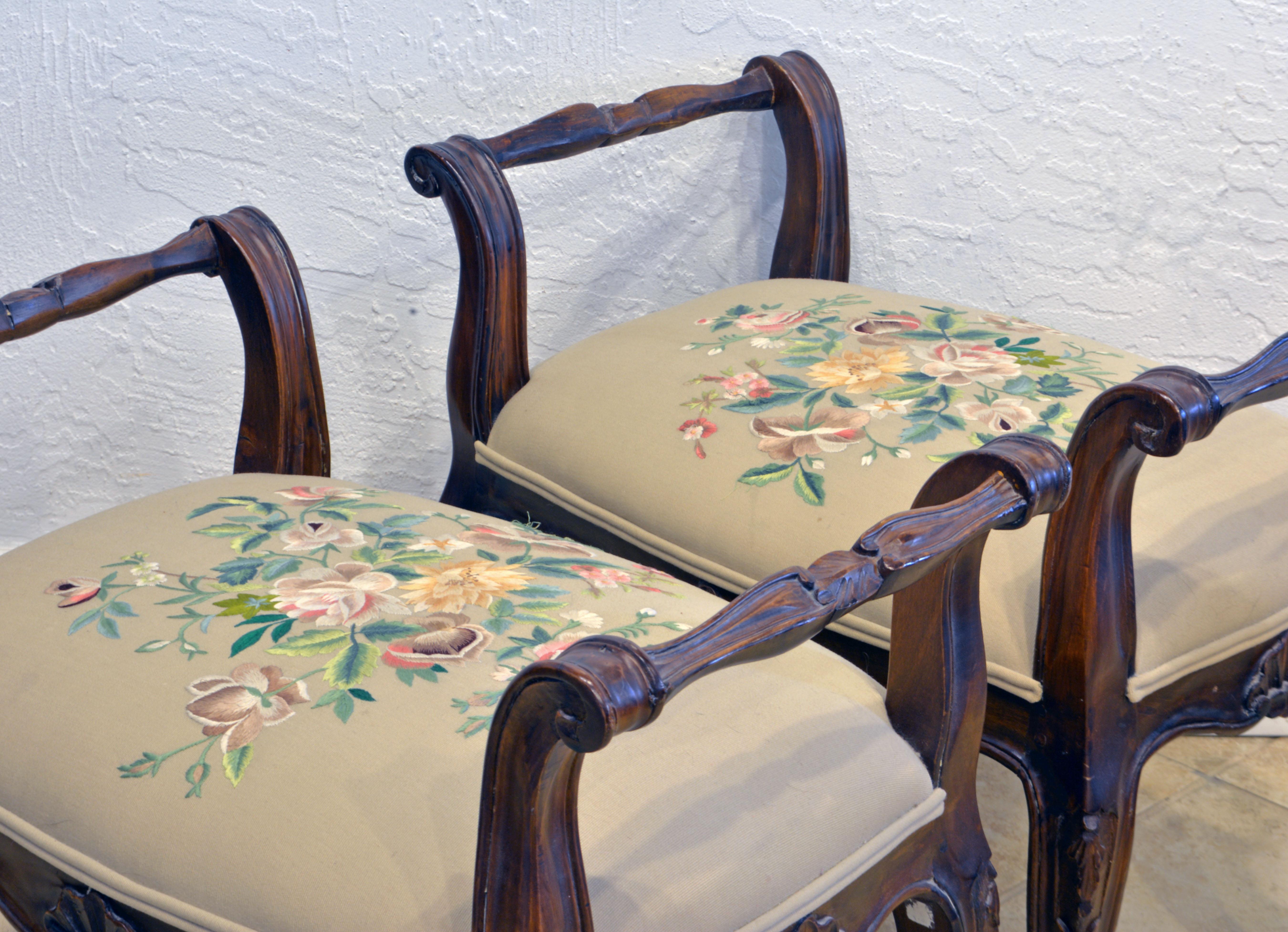 Fabric Pair of French Provincial Carved and Silk Embroidered Walnut Benches