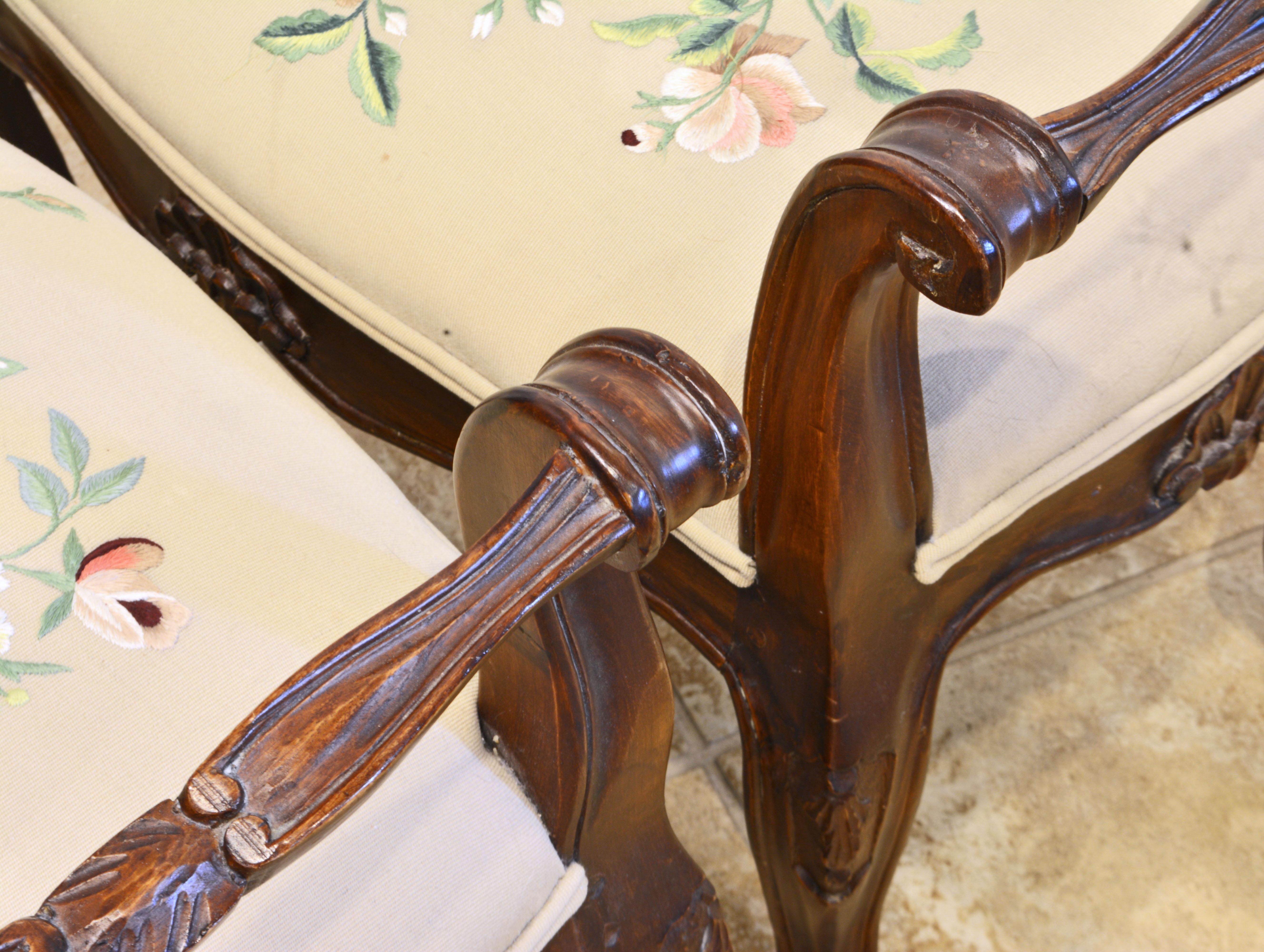 Pair of French Provincial Carved and Silk Embroidered Walnut Benches 2