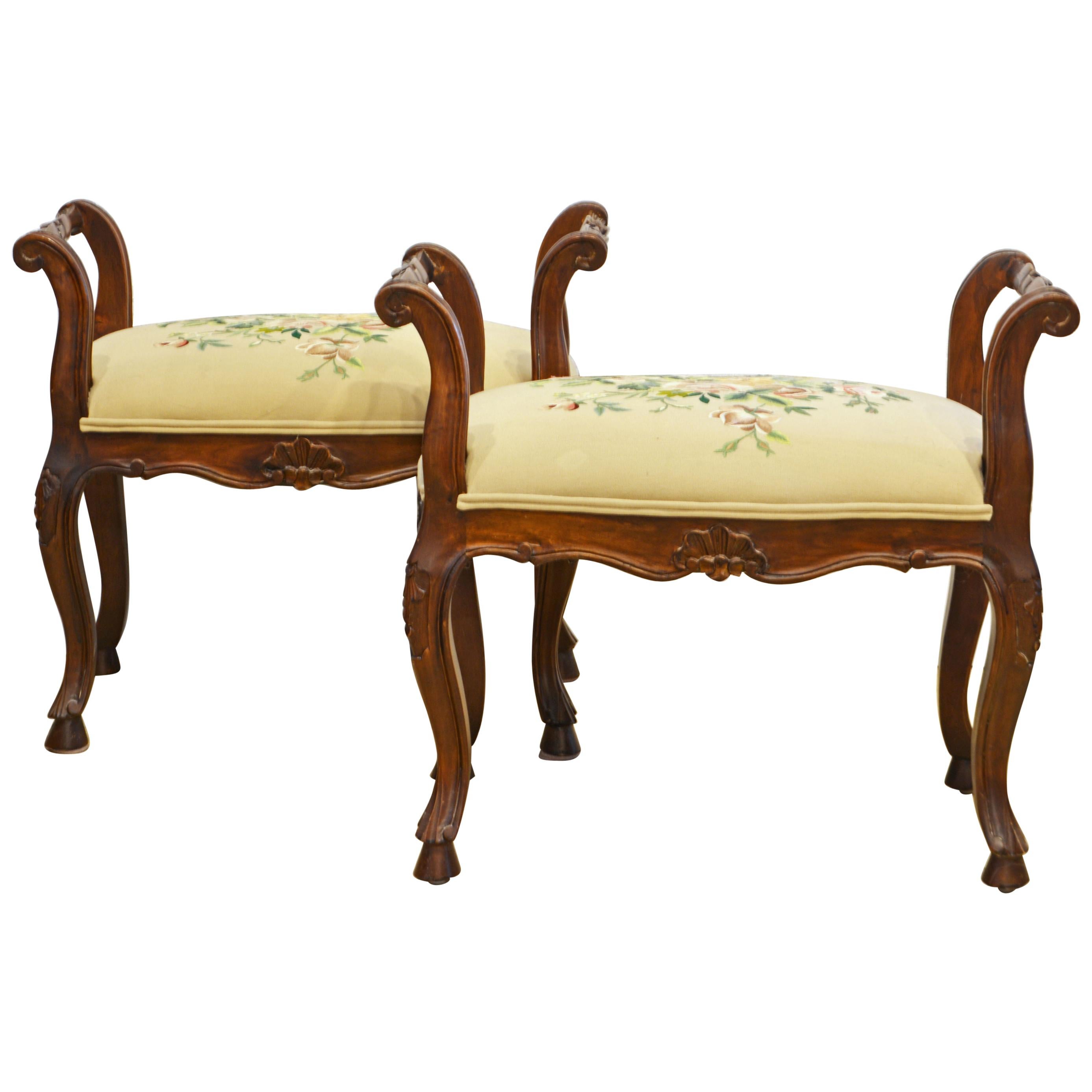 Pair of French Provincial Carved and Silk Embroidered Walnut Benches