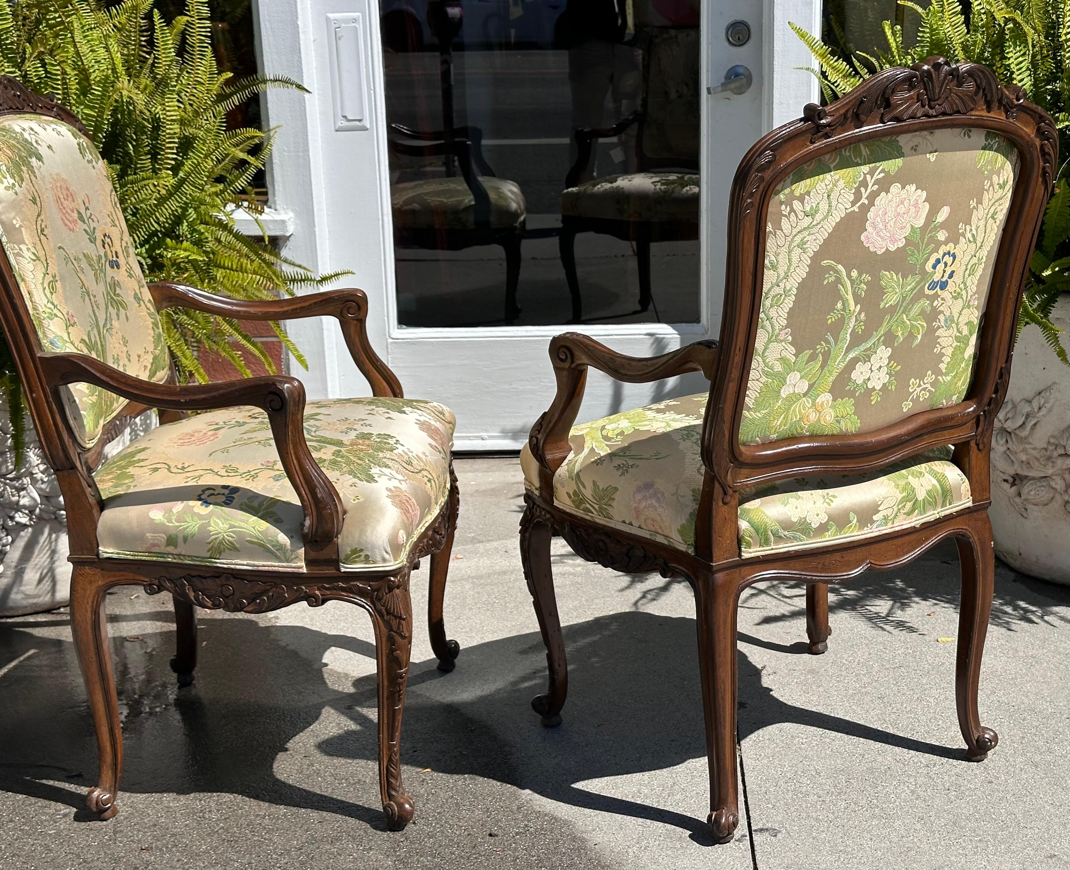 American Pair of French Provincial Carved Walnut Chairs W Scalamandre Lampas For Sale