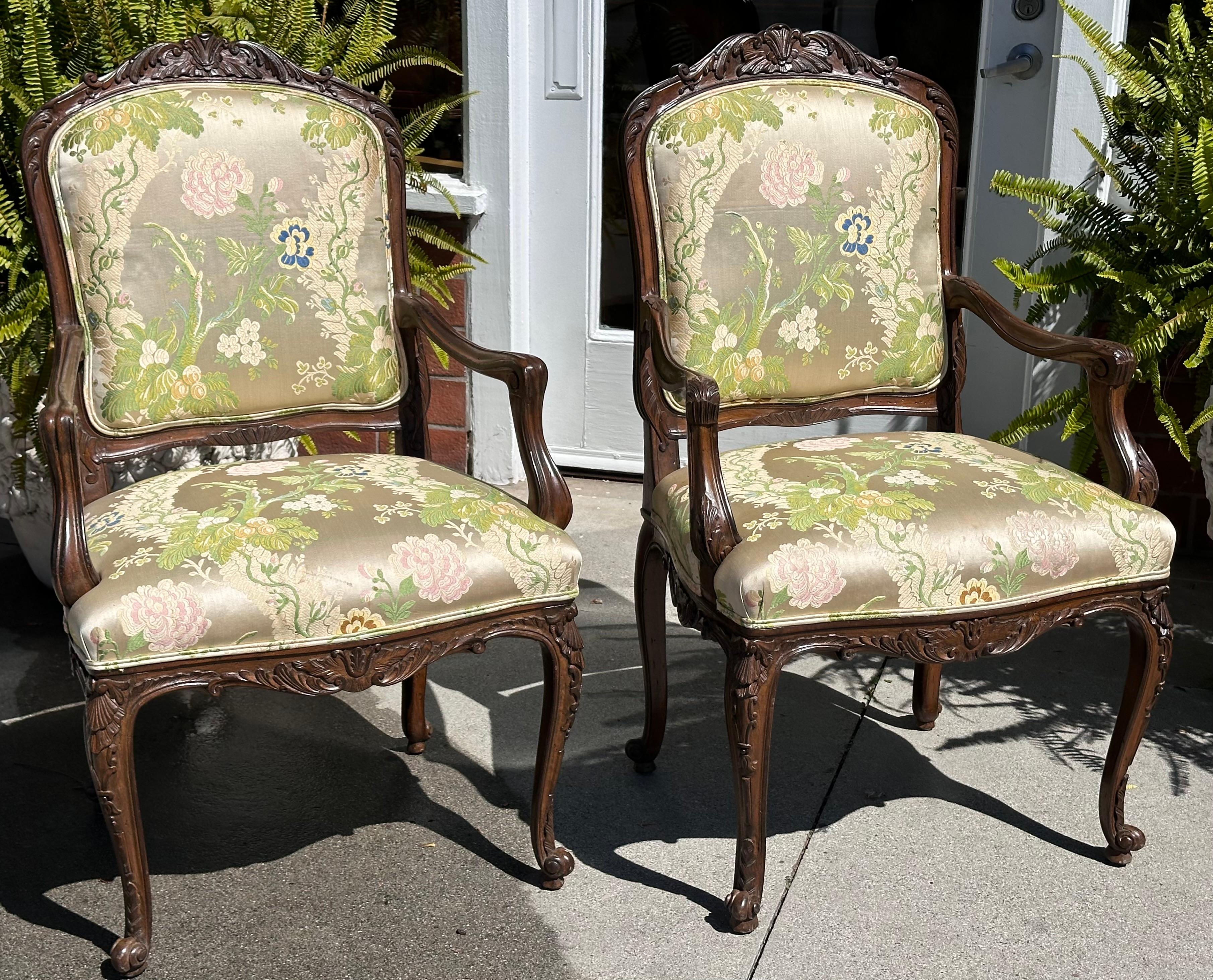 20th Century Pair of French Provincial Carved Walnut Chairs W Scalamandre Lampas For Sale