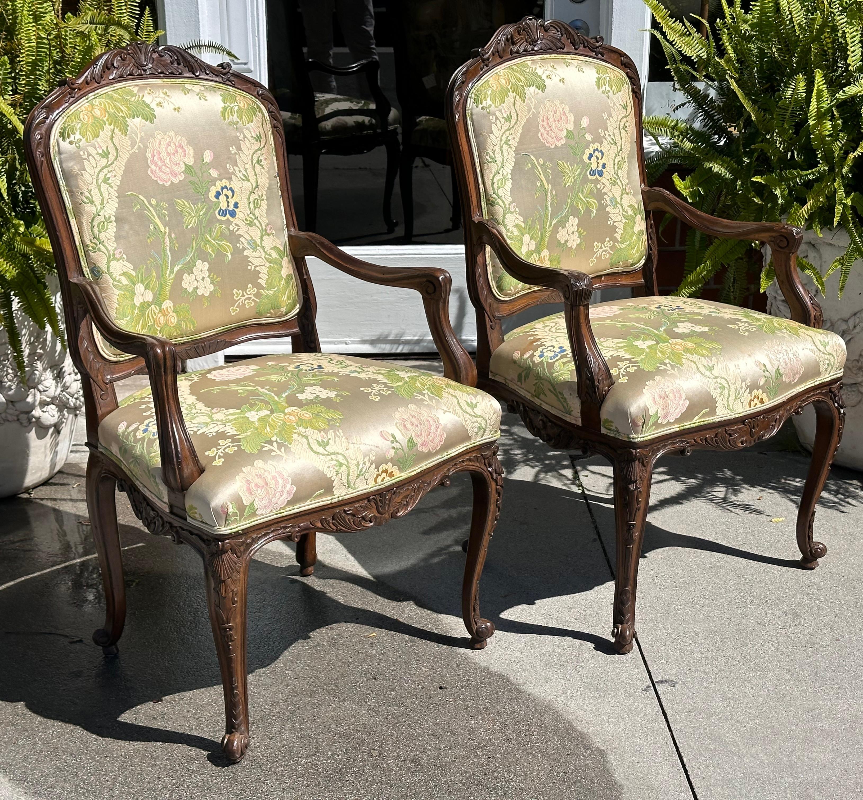 Silk Pair of French Provincial Carved Walnut Chairs W Scalamandre Lampas For Sale