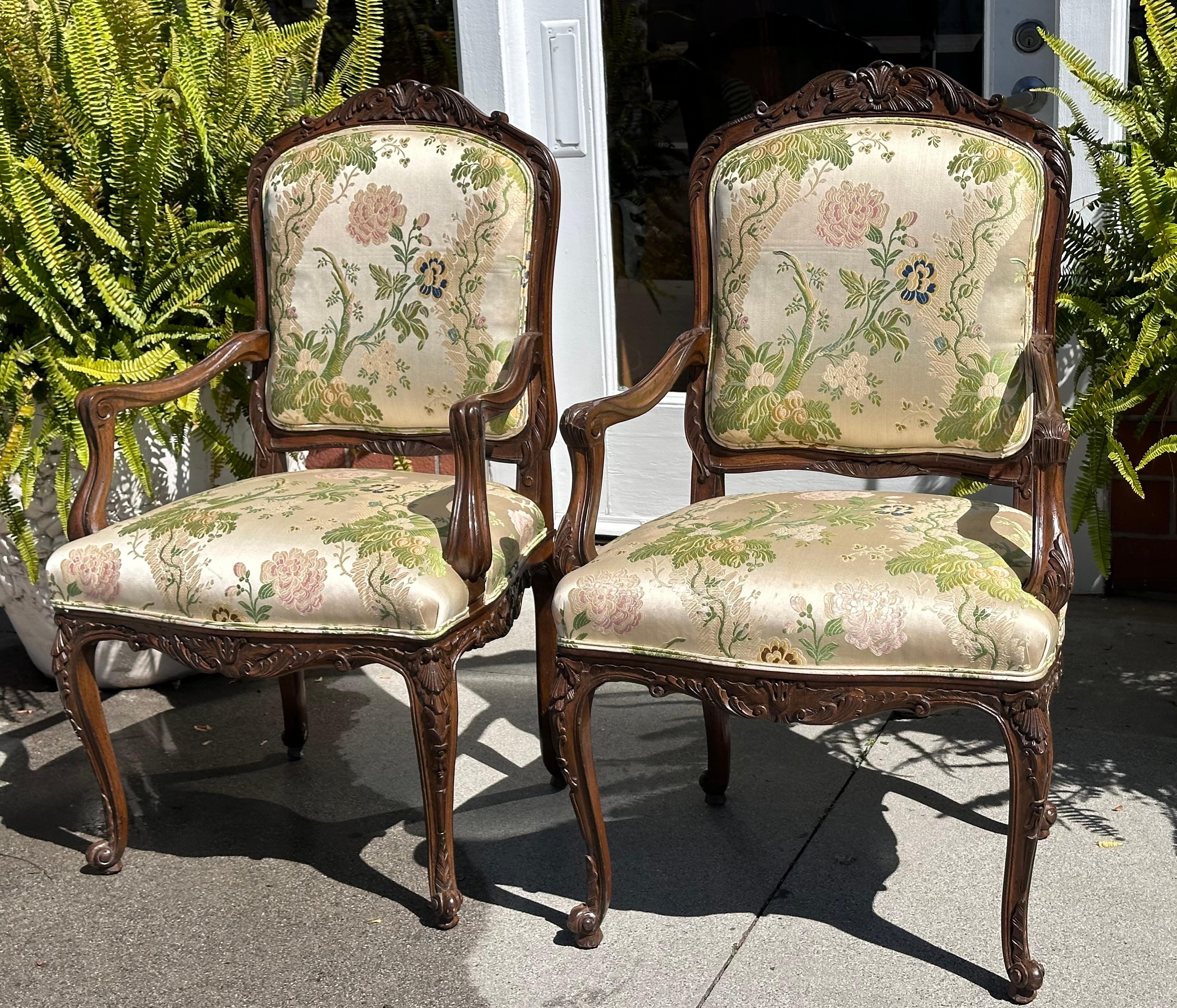 Pair of French Provincial Carved Walnut Chairs W Scalamandre Lampas For Sale 1