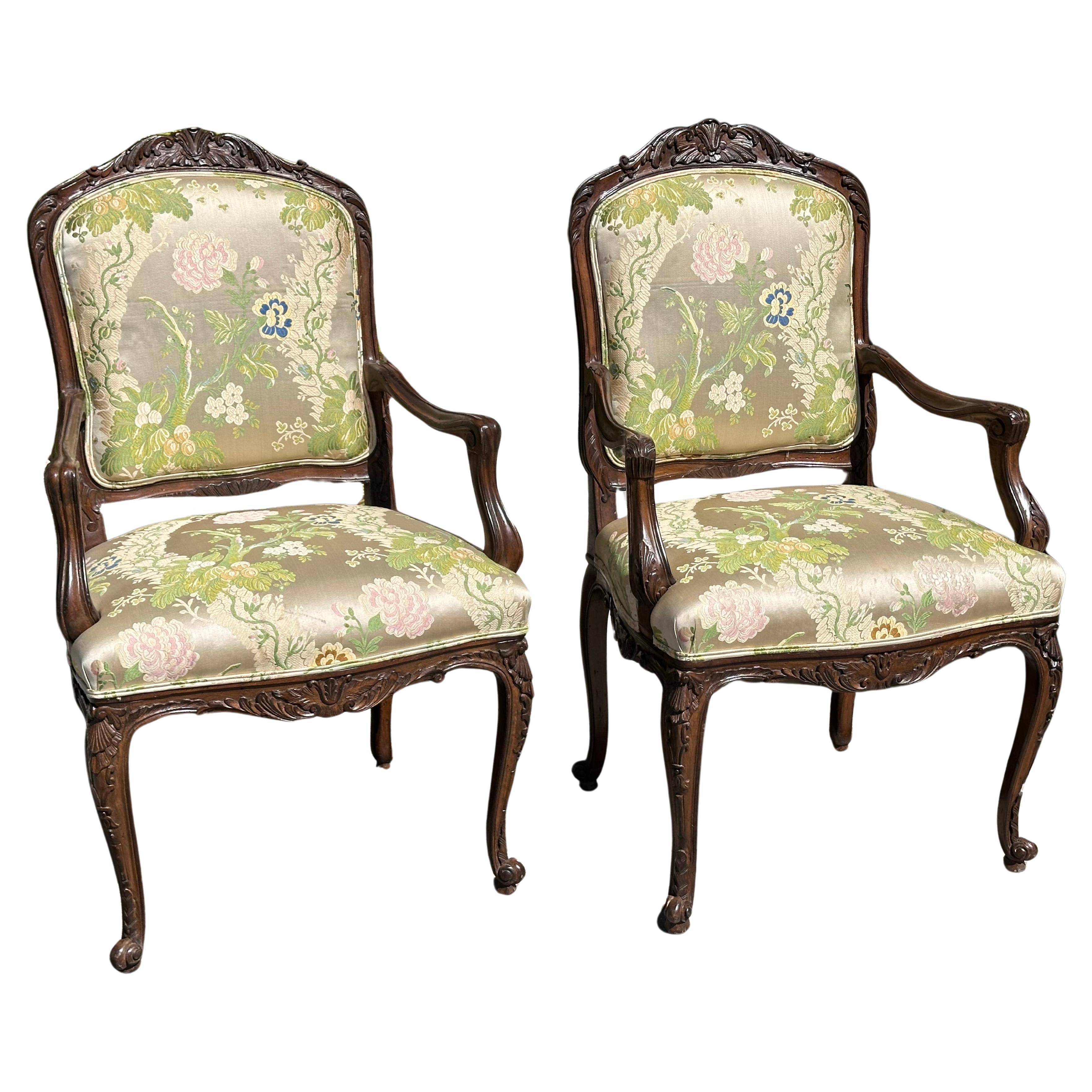 Pair of French Provincial Carved Walnut Chairs W Scalamandre Lampas For Sale