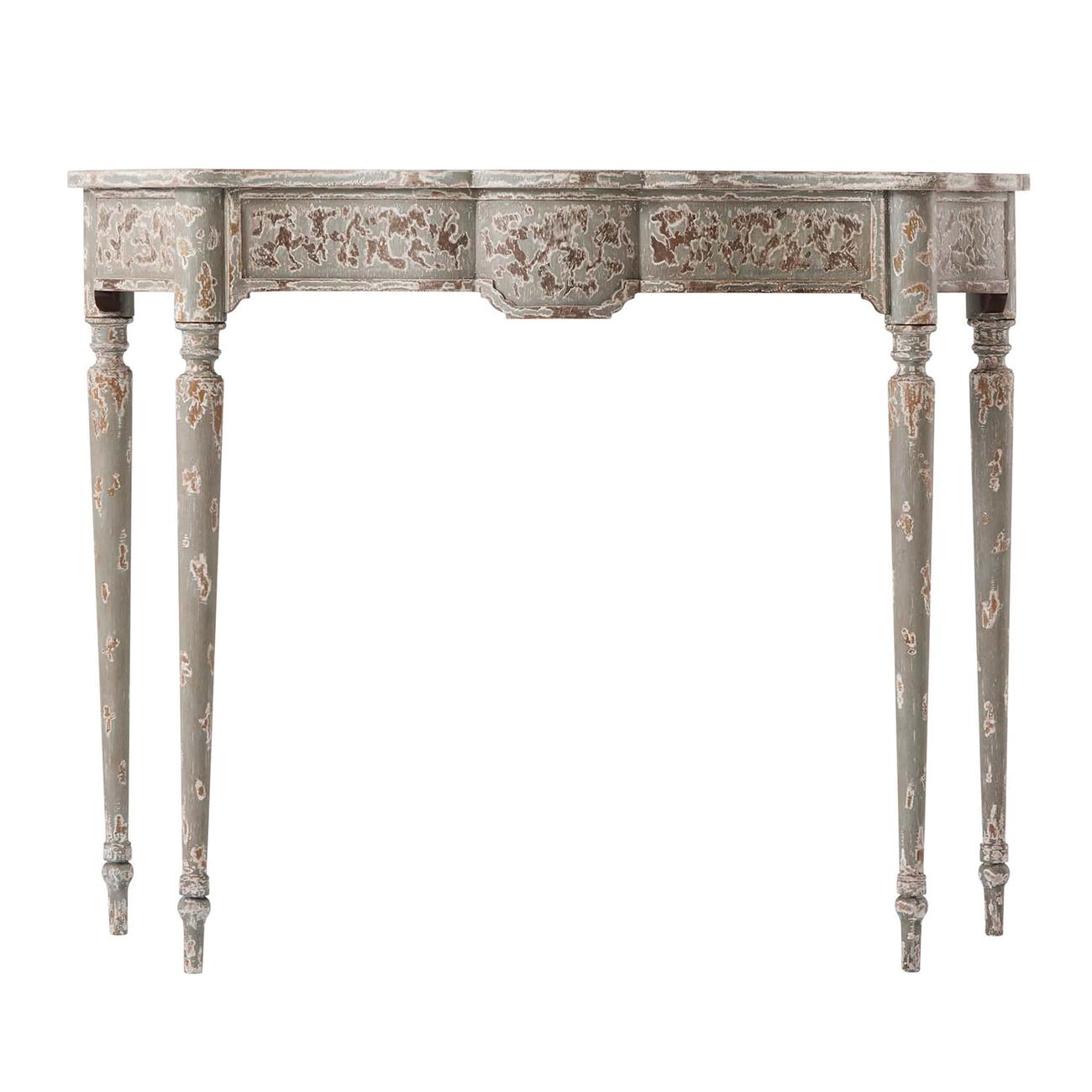 Rustic Provincial style painted and highly distressed serpentine form console tables with a shaped front and sides and raised on turned and tapered legs.
Dimensions: 43