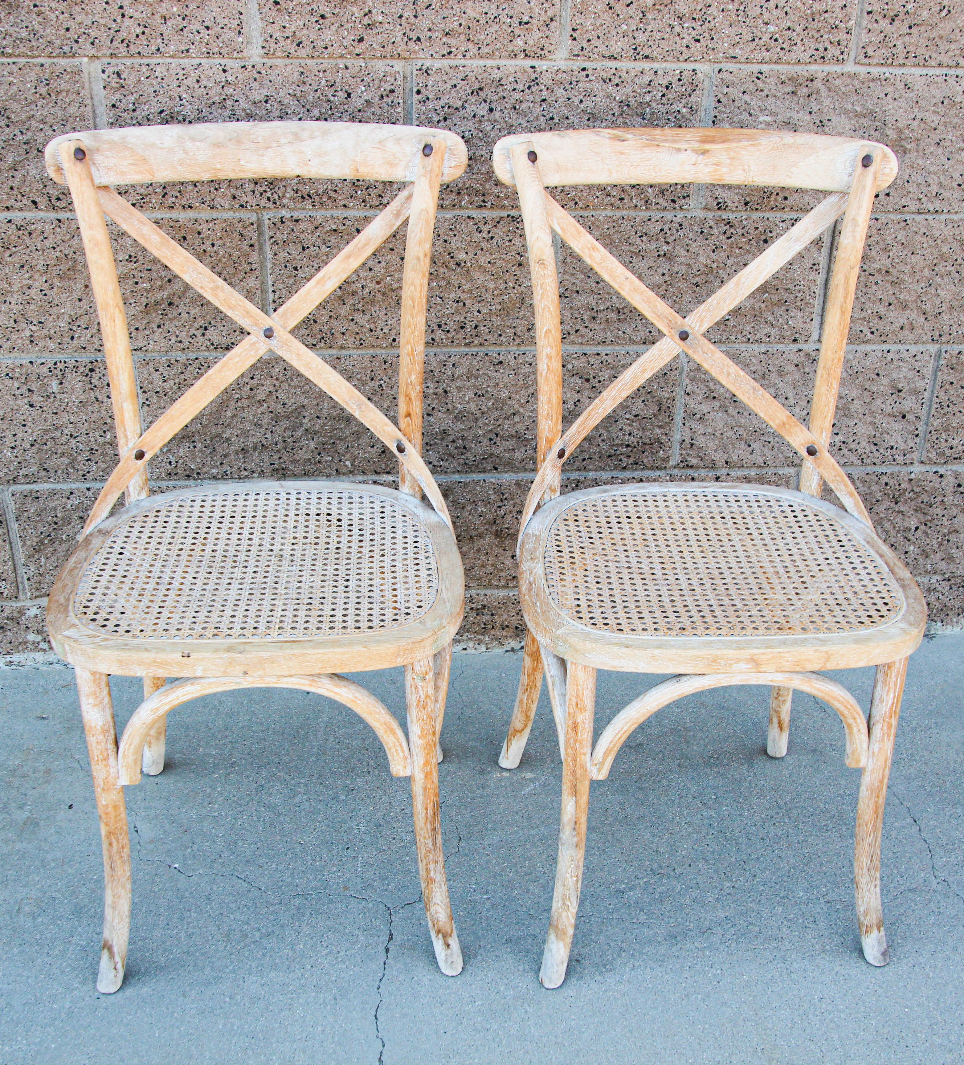 Pair of Provincial French Country style rush seat distressed chairs.
These vintage distressed chairs would give the perfect French European Folk Country provincial look.
Rustic style farm country style pine distresses antique look with woven