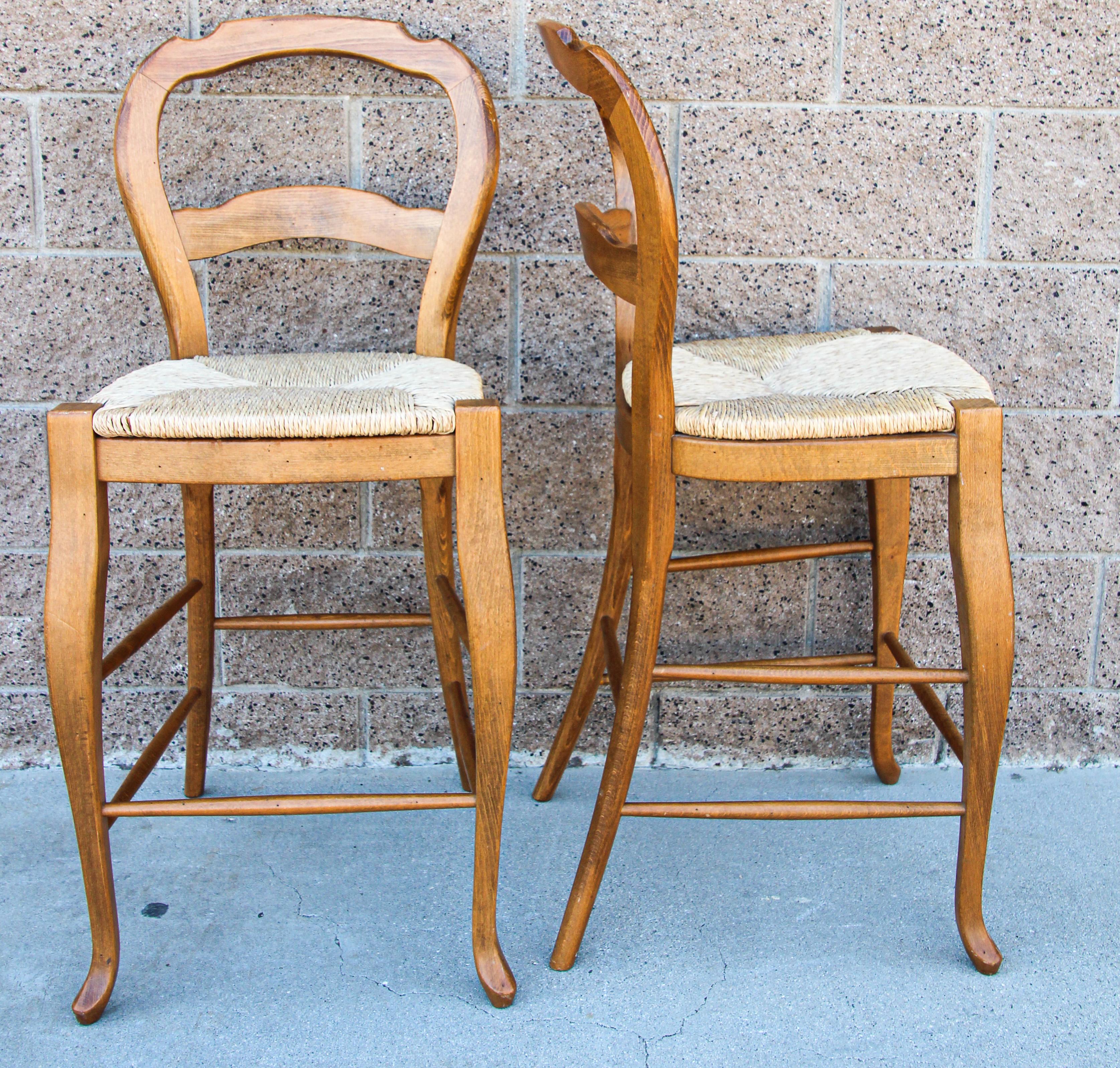 Pair of French Provincial Country Wooden Bar Stools with Rushed Seats 1
