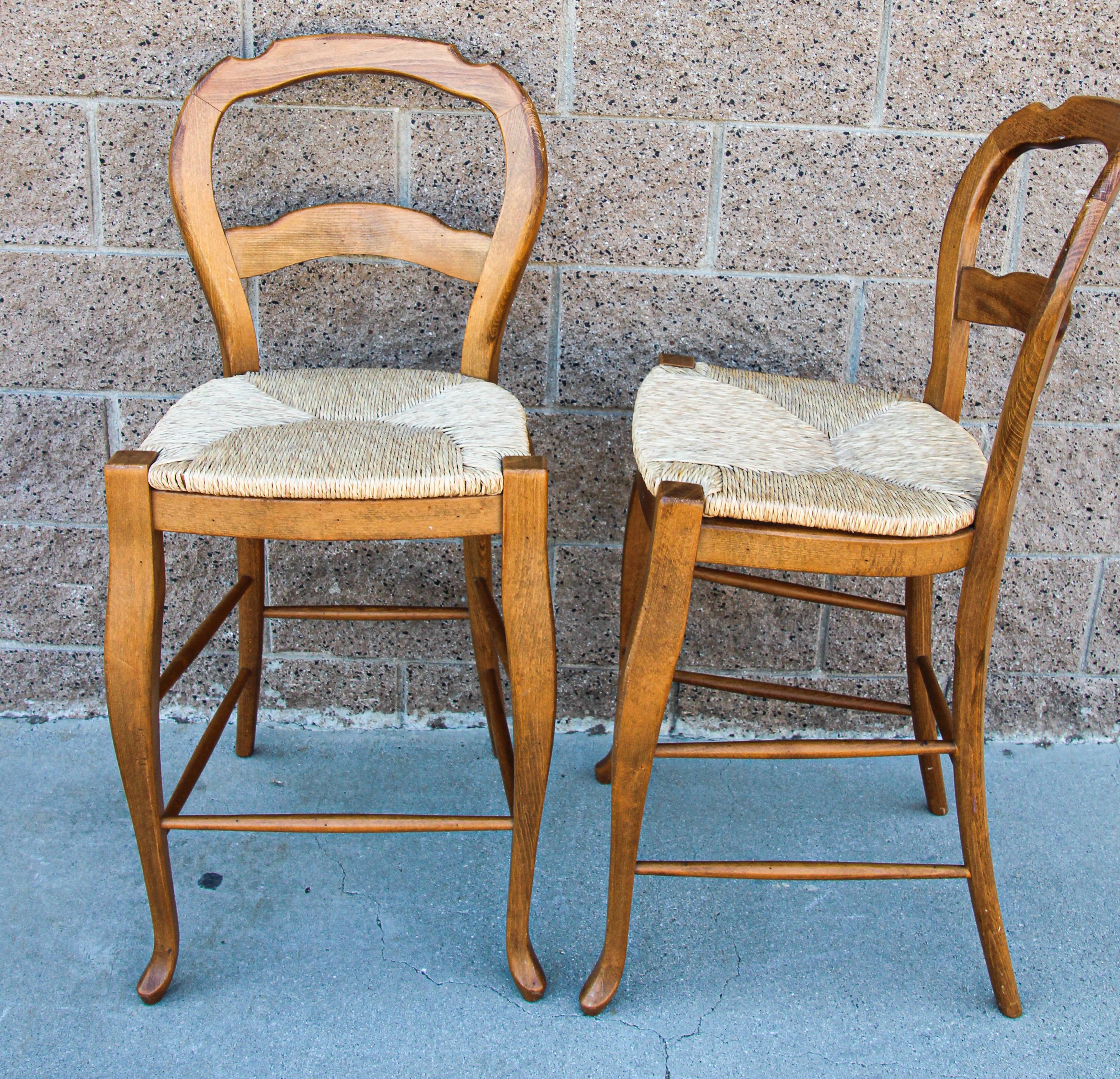 Italian Pair of French Provincial Country Wooden Bar Stools with Rushed Seats