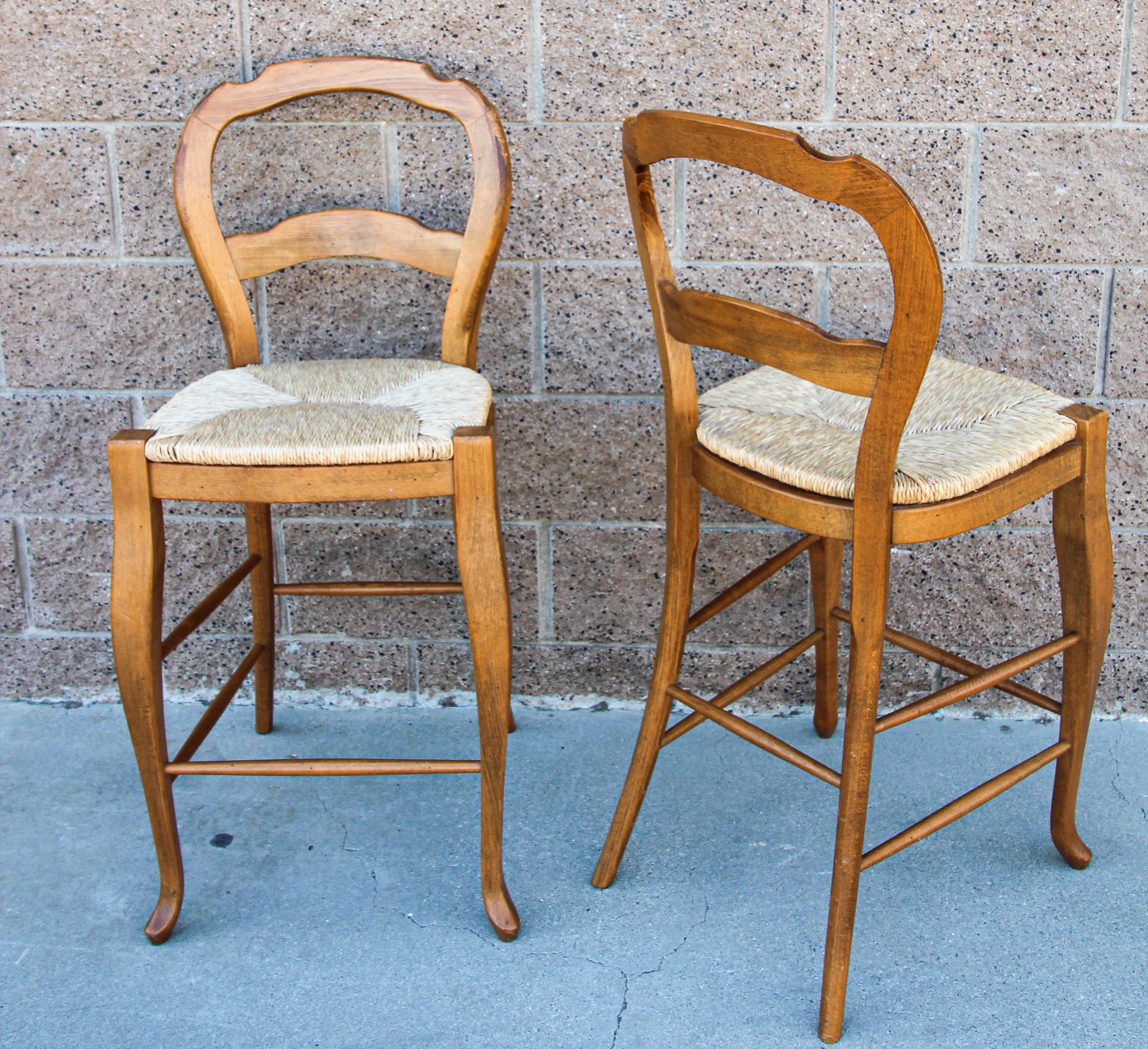 20th Century Pair of French Provincial Country Wooden Bar Stools with Rushed Seats