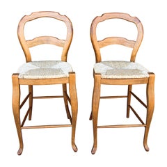 Vintage Pair of French Provincial Country Wooden Bar Stools with Rushed Seats