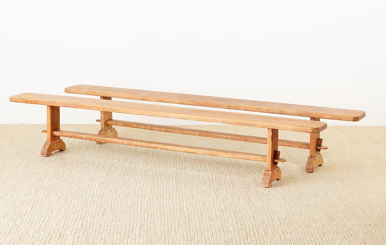 Rustic Pair of French Provincial Farmhouse Style Pine Trestle Benches