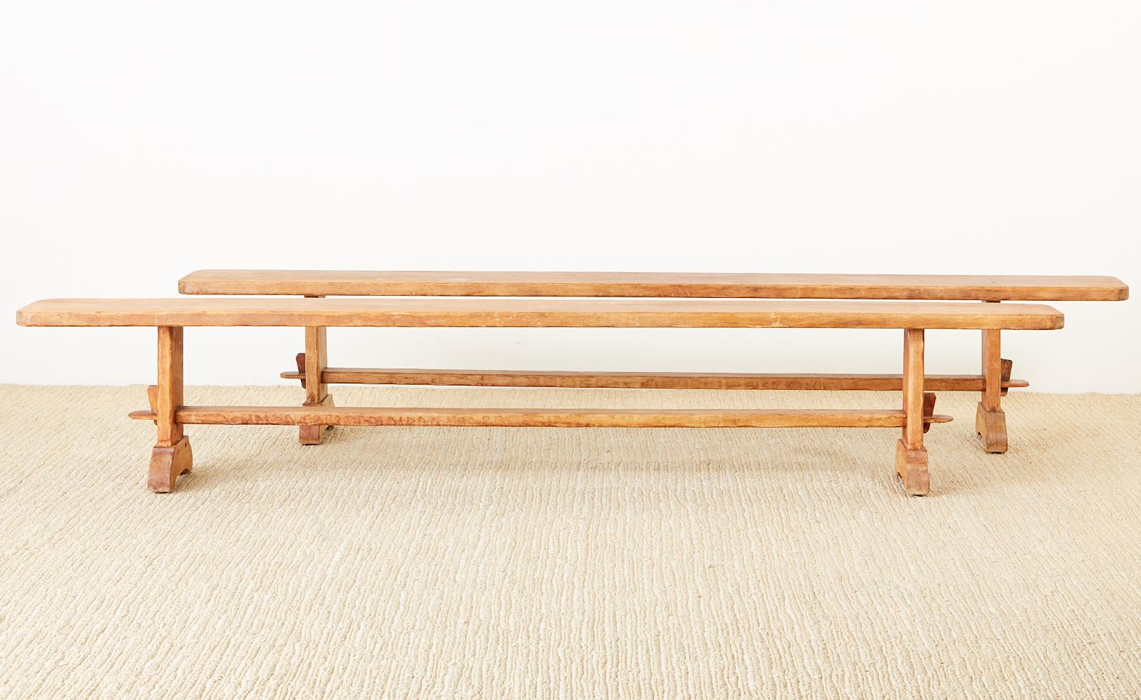 Hand-Crafted Pair of French Provincial Farmhouse Style Pine Trestle Benches