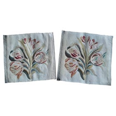 Pair of French Provincial Floral Needlepoint Aubusson Style Tapestry Fragments