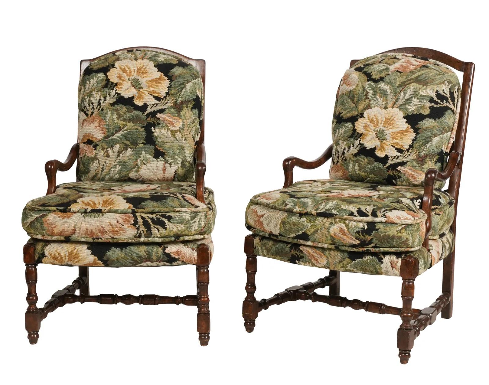 Pair of Late 20th Century French Provincial Style Upholstered Arm Chairs w/ faux needlepoint upholstery in good condition. Dimensions: 40 1/2